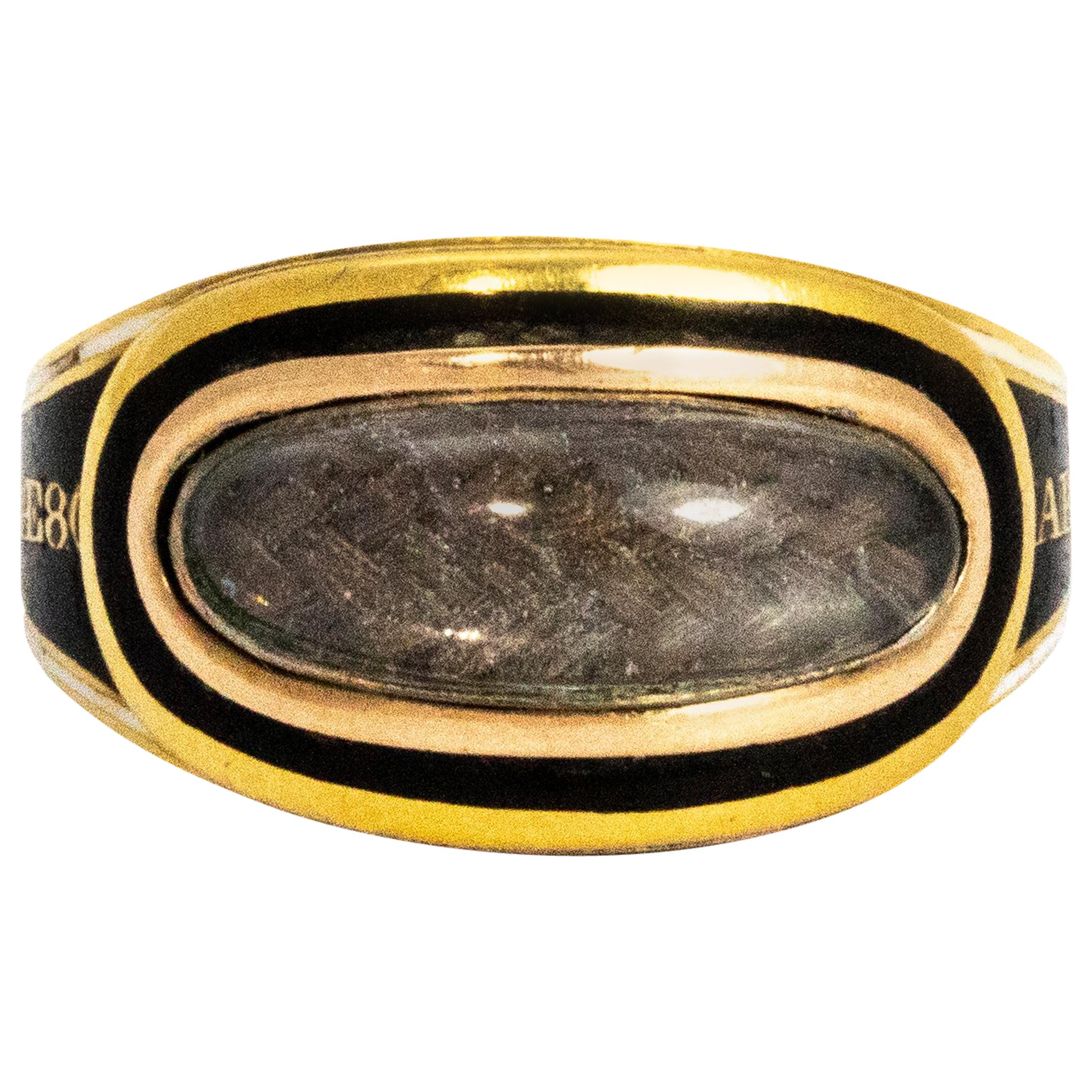 Georgian Enamel and Cabochon Crystal 18 Carat Gold Mourning Ring