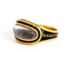 Georgian Enamel and Cabochon Crystal 18 Carat Gold Mourning Ring