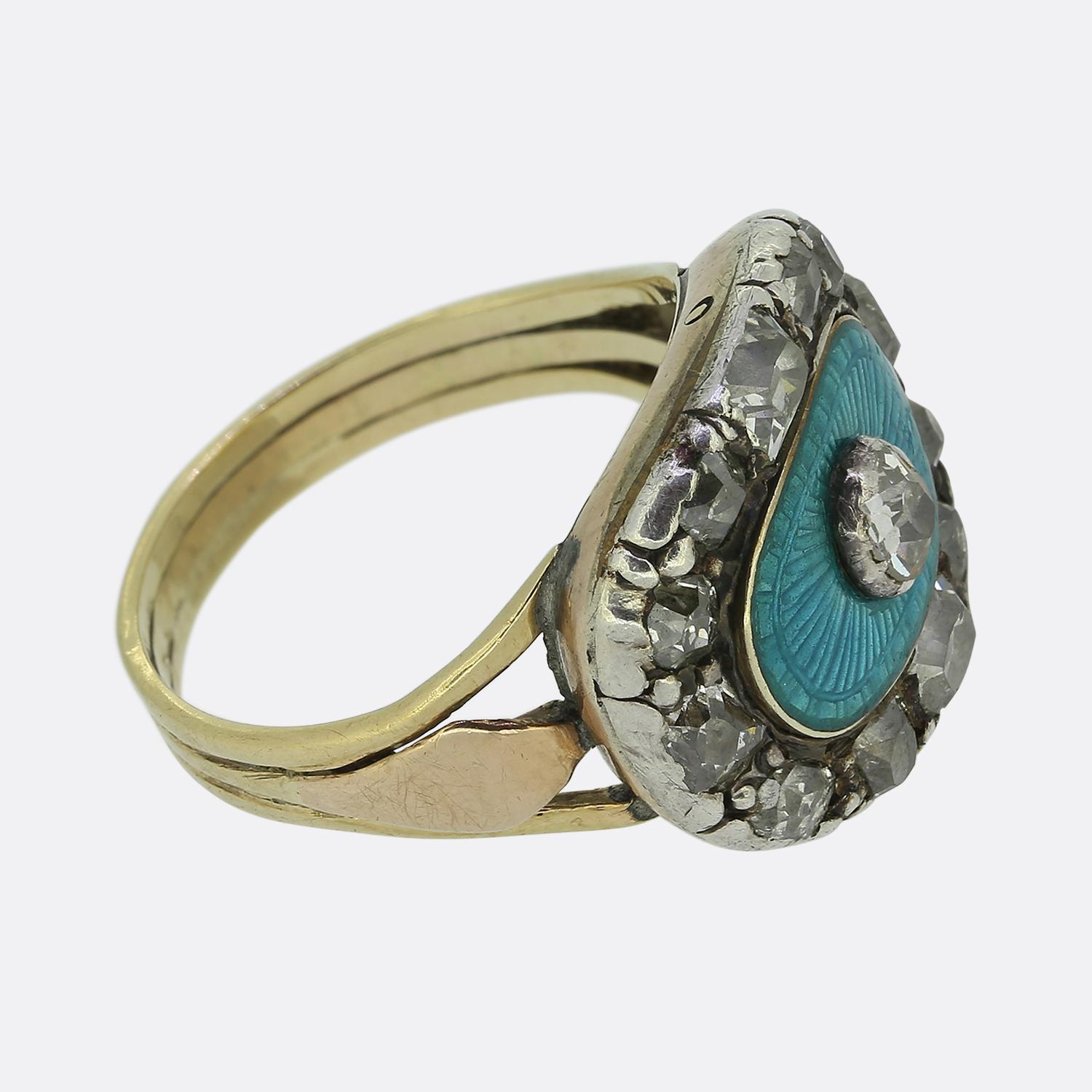 Old Mine Cut Georgian Enamel and Diamond Cluster Ring For Sale