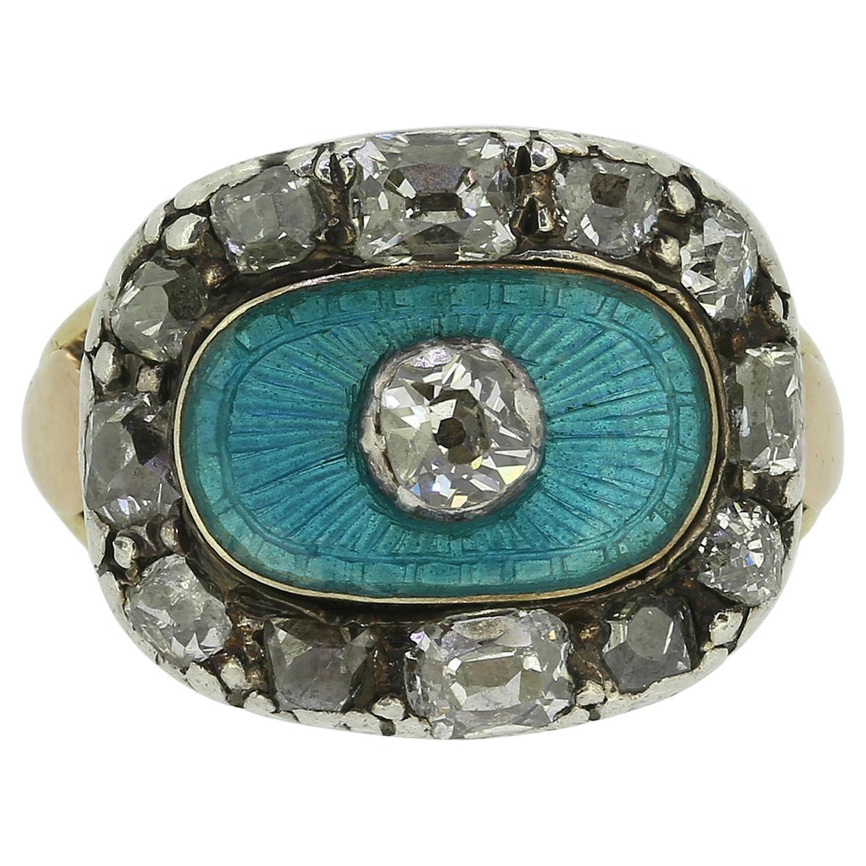 Georgian Enamel and Diamond Cluster Ring For Sale