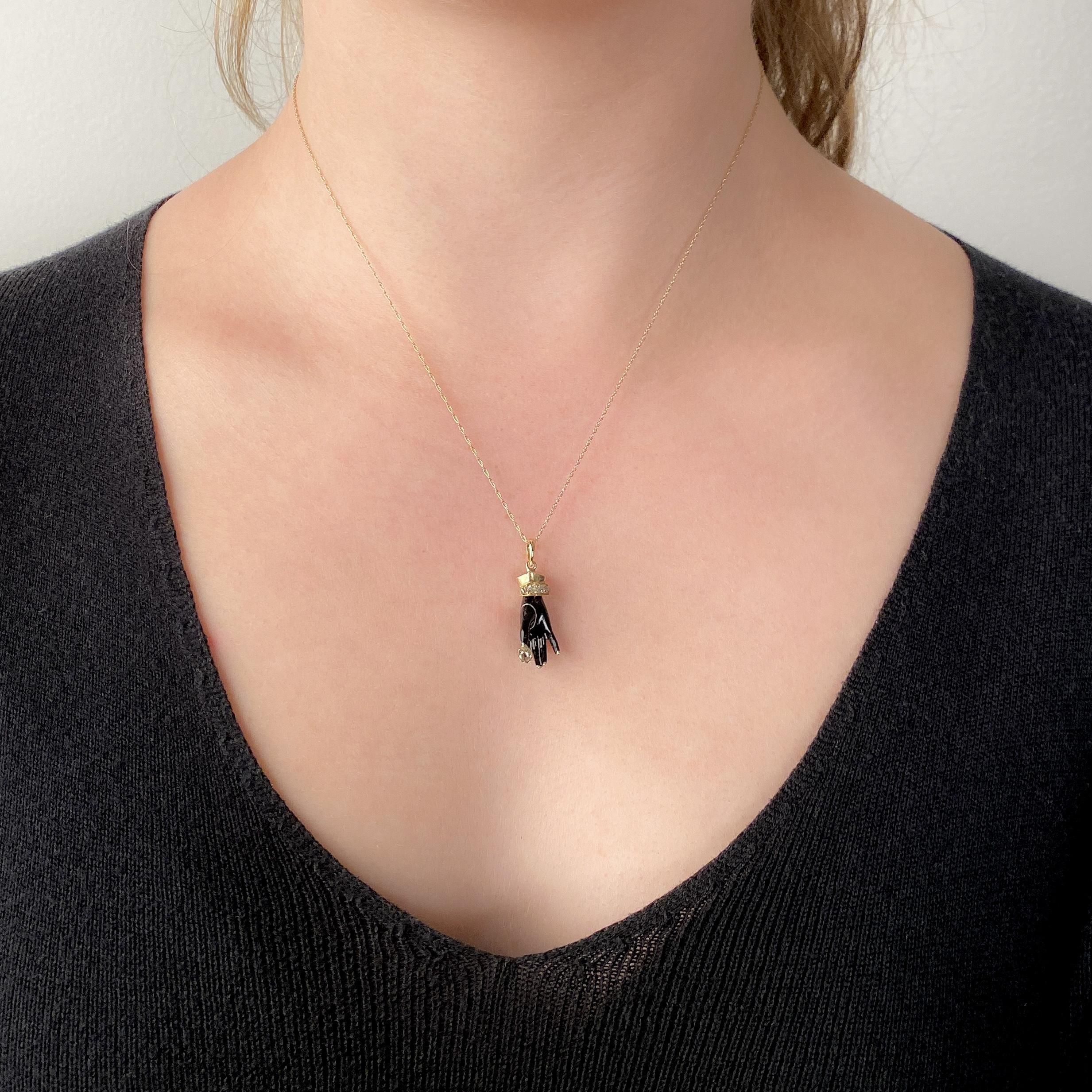 Georgian Enamel and Diamond Hand Pendant of 14k Gold In Fair Condition For Sale In Lewisburg, PA