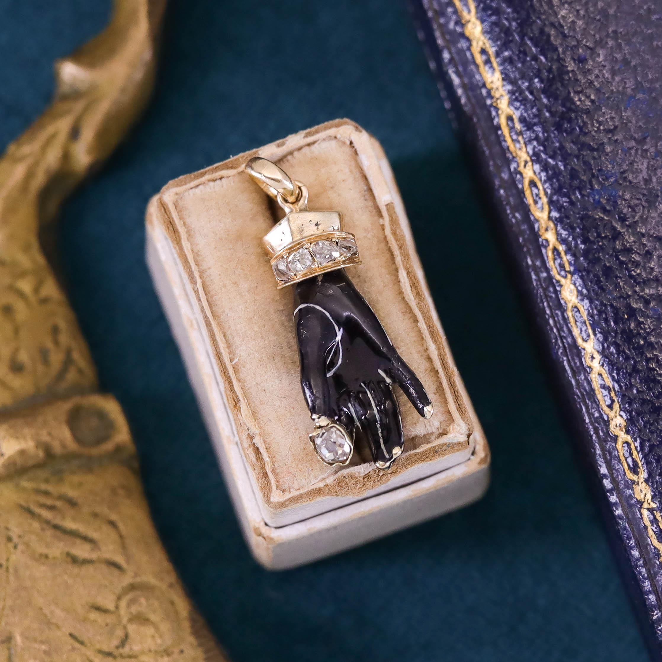 Women's Georgian Enamel and Diamond Hand Pendant of 14k Gold For Sale