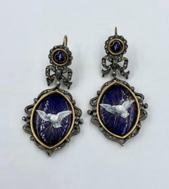 Georgian Enamel Dove Bird Earrings Rose Cut Diamonds Museum Quality