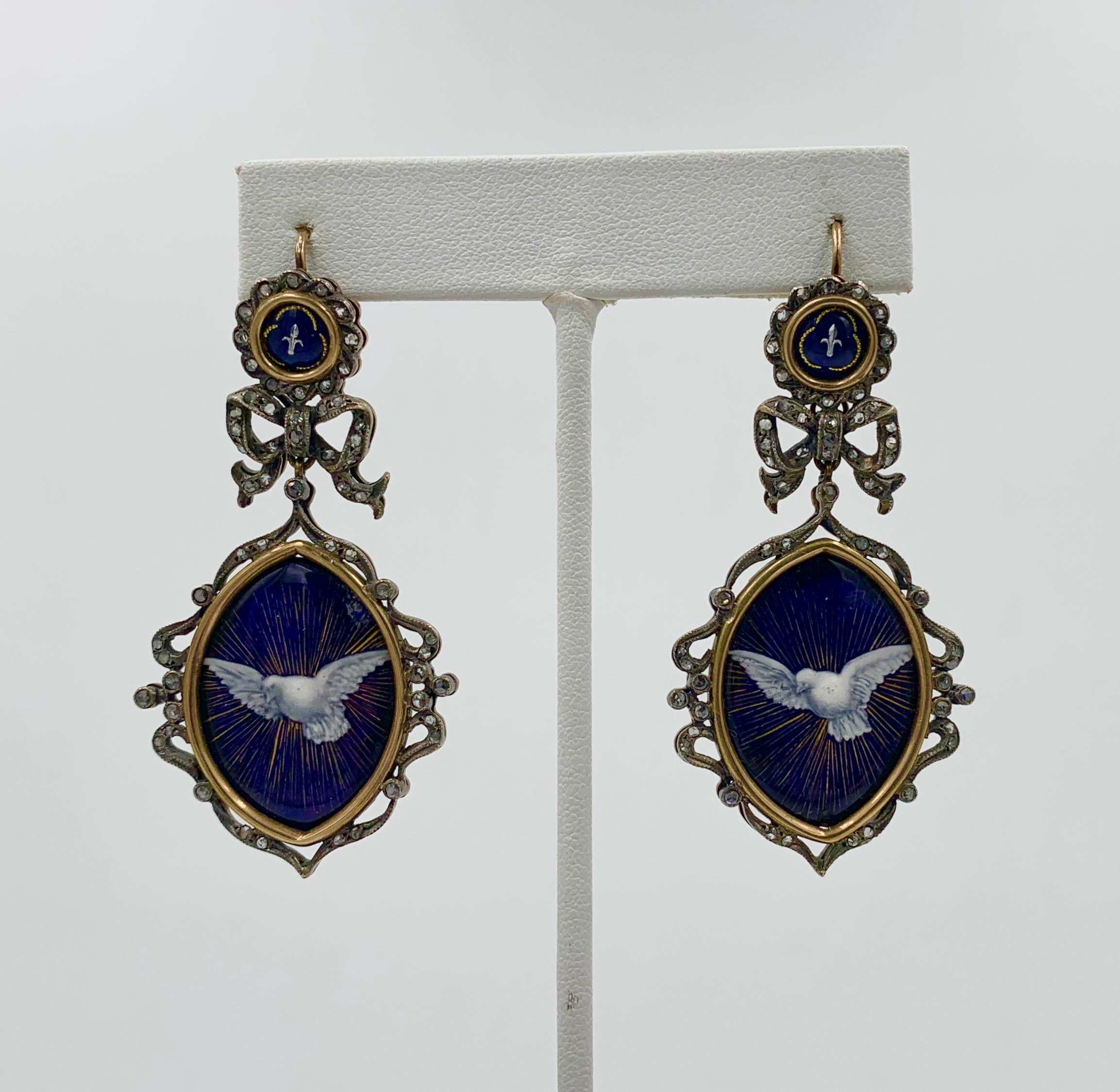 Georgian Enamel Dove Bird Earrings Rose Cut Diamonds Museum Quality In Good Condition For Sale In New York, NY