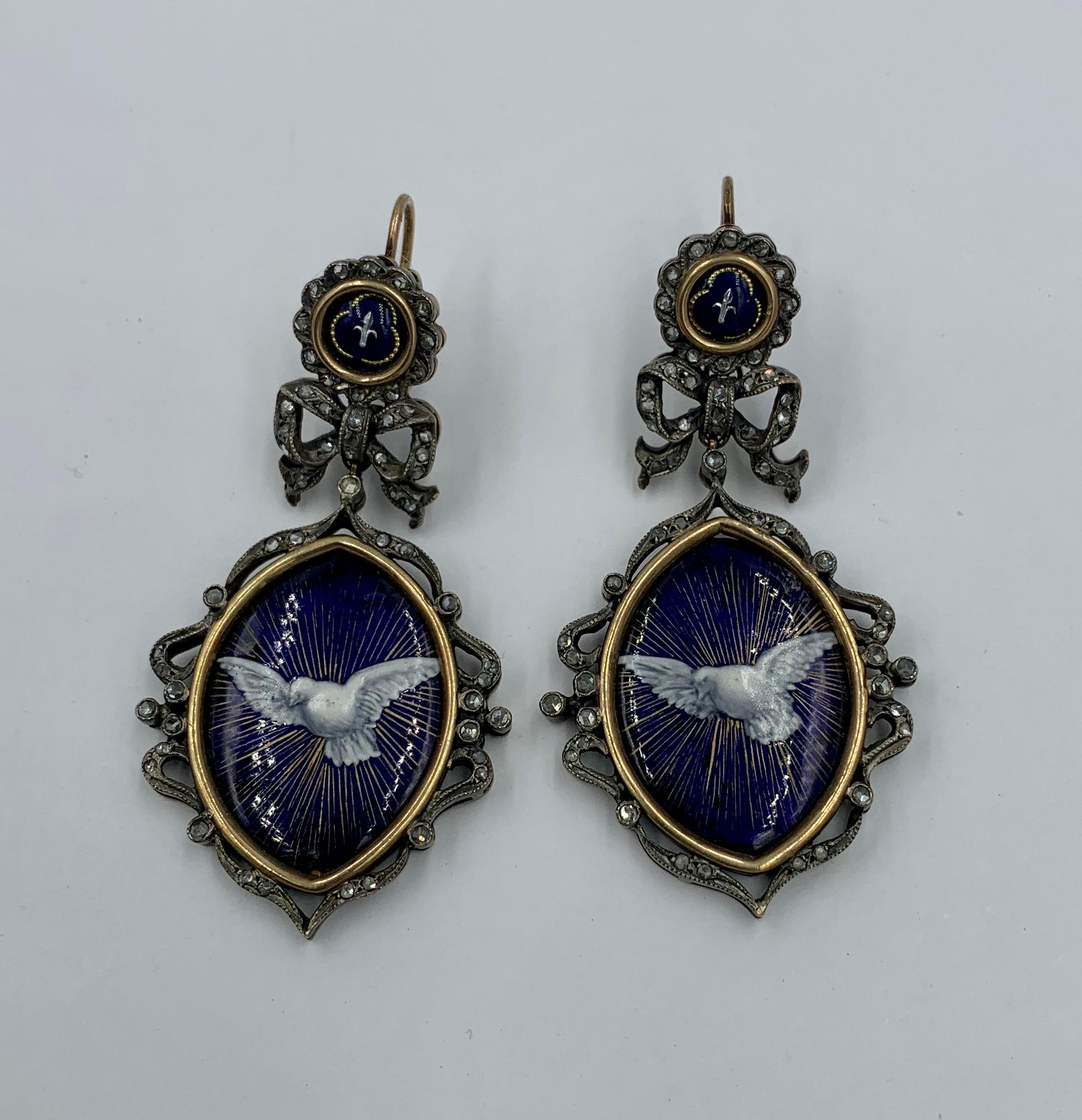 Women's Georgian Enamel Dove Bird Earrings Rose Cut Diamonds Museum Quality For Sale