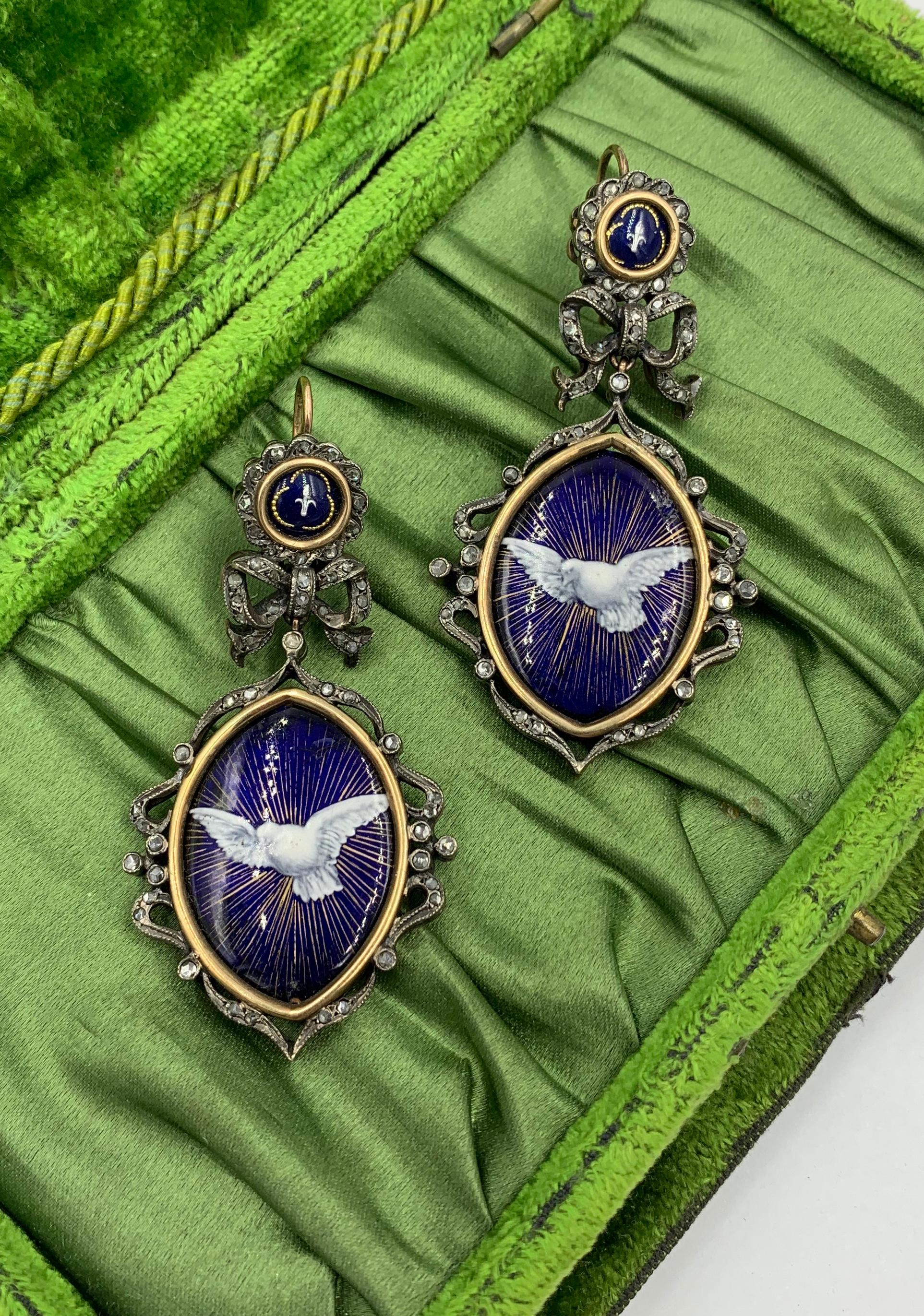 Georgian Enamel Dove Bird Earrings Rose Cut Diamonds Museum Quality For Sale 1