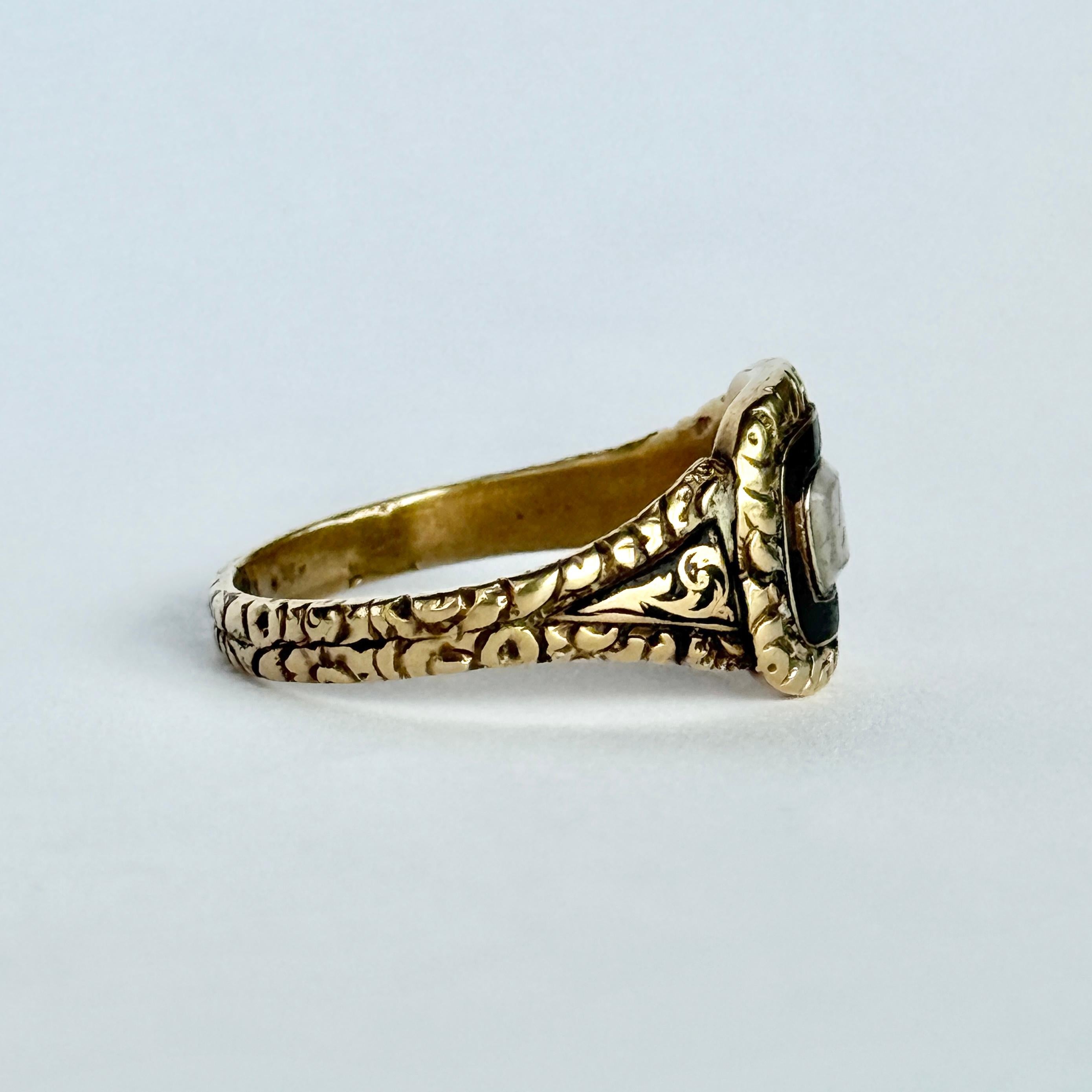 Women's or Men's Georgian Enamel Glazed Locket Front Mourning 18 Carat Gold Ring For Sale