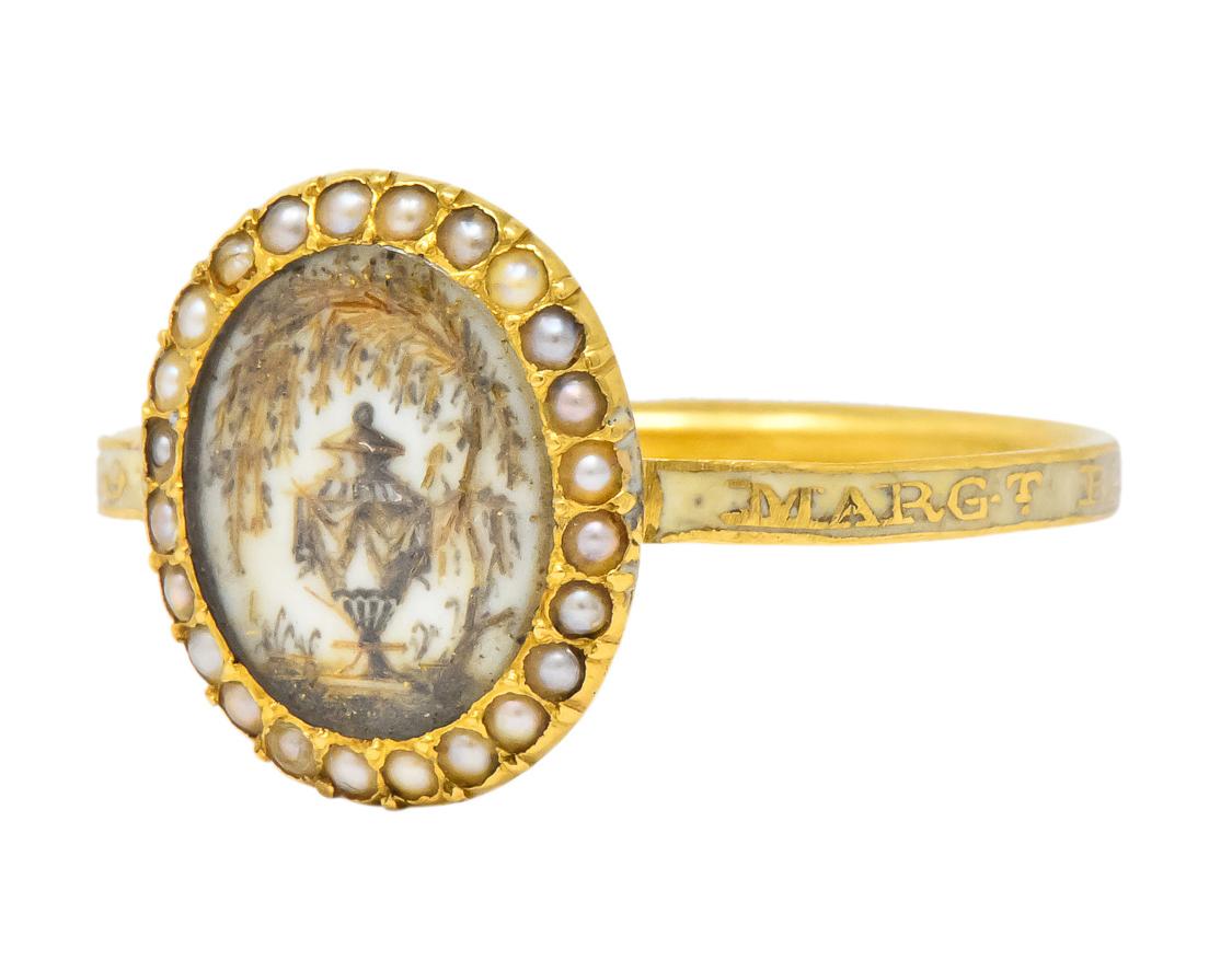 Georgian Enamel Seed Pearl 18 Karat Gold Memento Mori Mourning Urn Ring 2