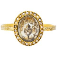 Georgian Enamel Seed Pearl 18 Karat Gold Memento Mori Mourning Urn Ring