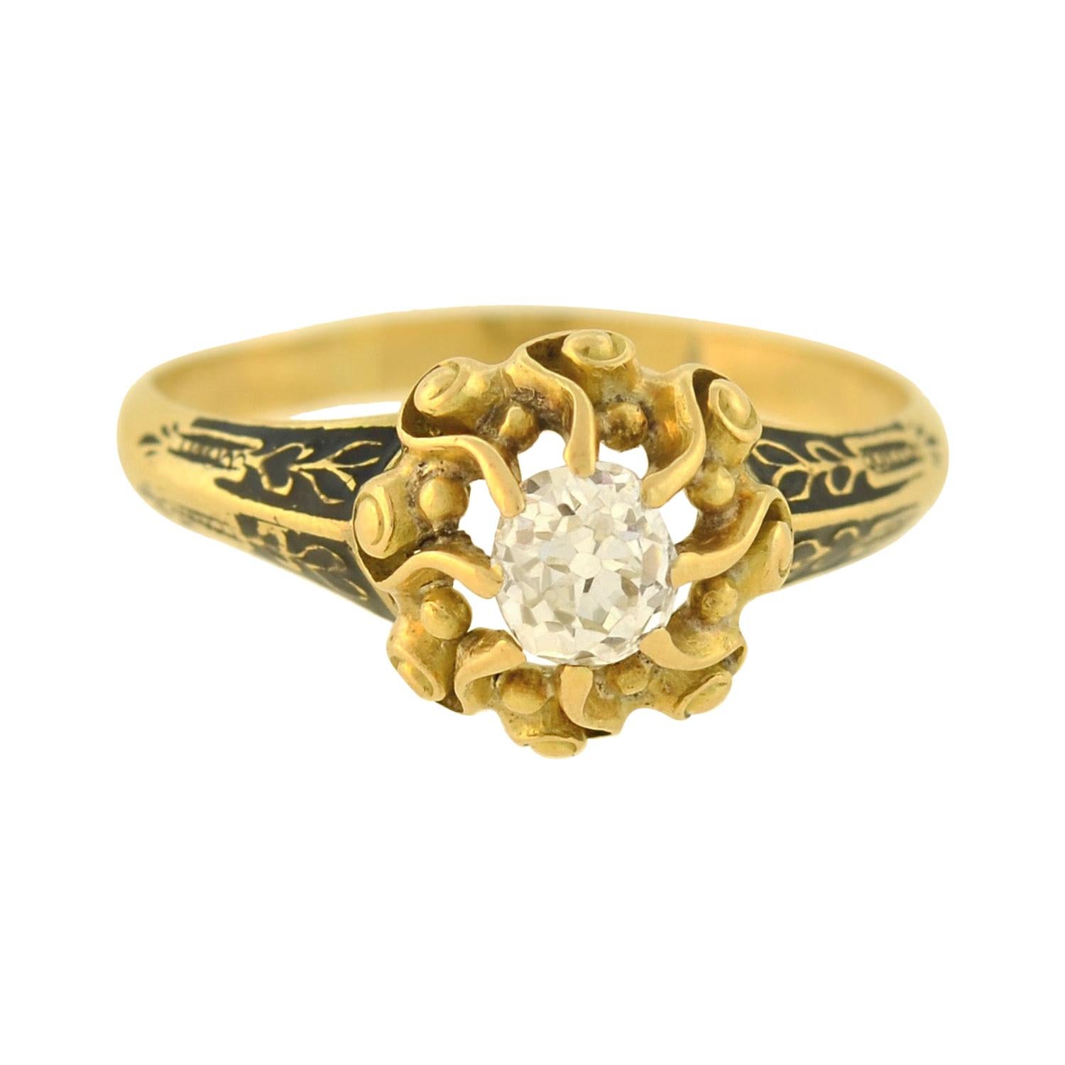 Georgian Enameled 0.60 Carat Diamond Engagement Ring For Sale