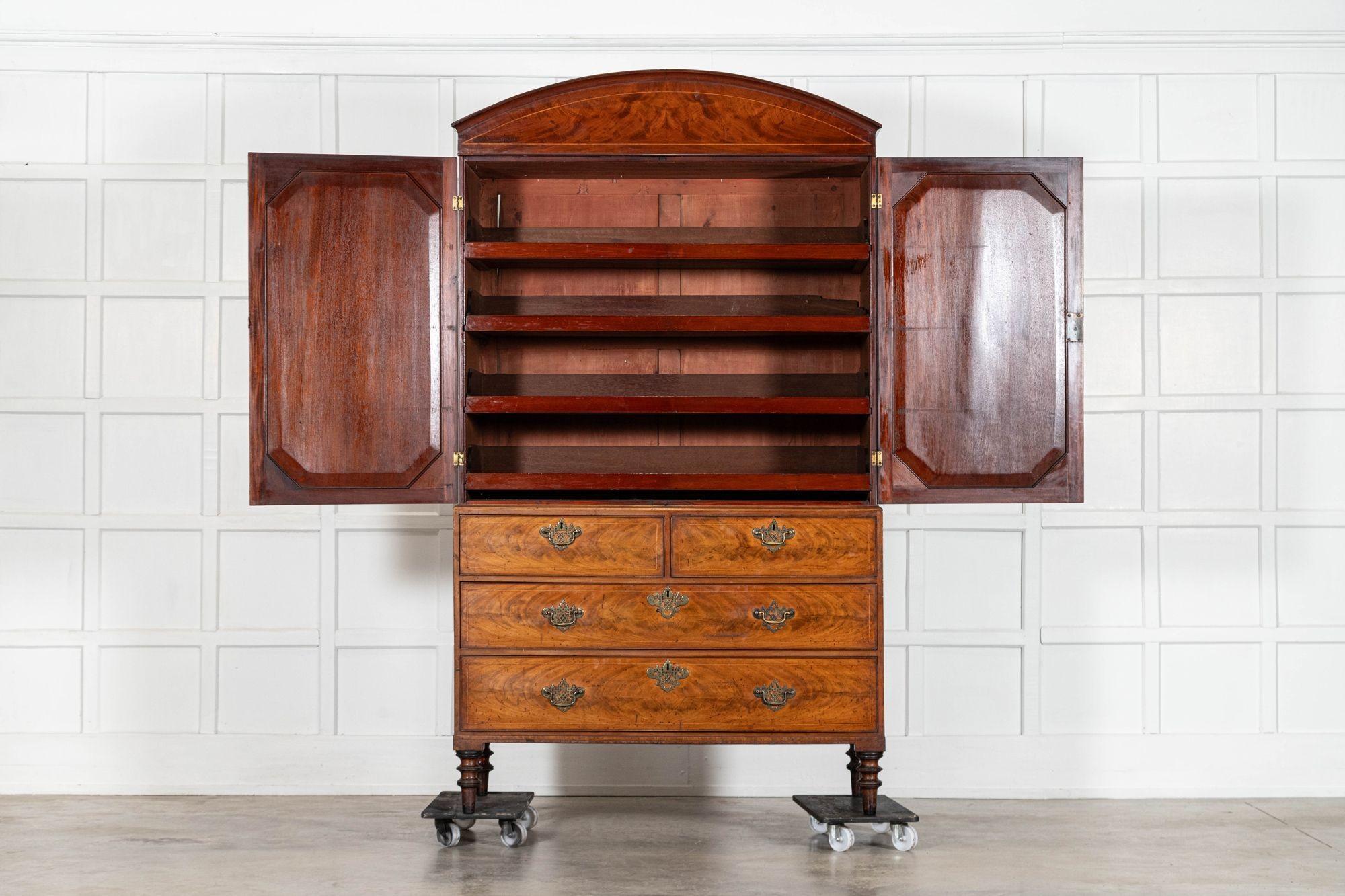 circa 1800
Georgian English Arched Mahogany Inlaid Linen Press
An exceptional example
sku 2090
Together W127 x D54 x H205.5 cm
Base W127 x D54.5 x H91.5 cm
Top W124 x D54 x H114 cm
Weight 109 Kg