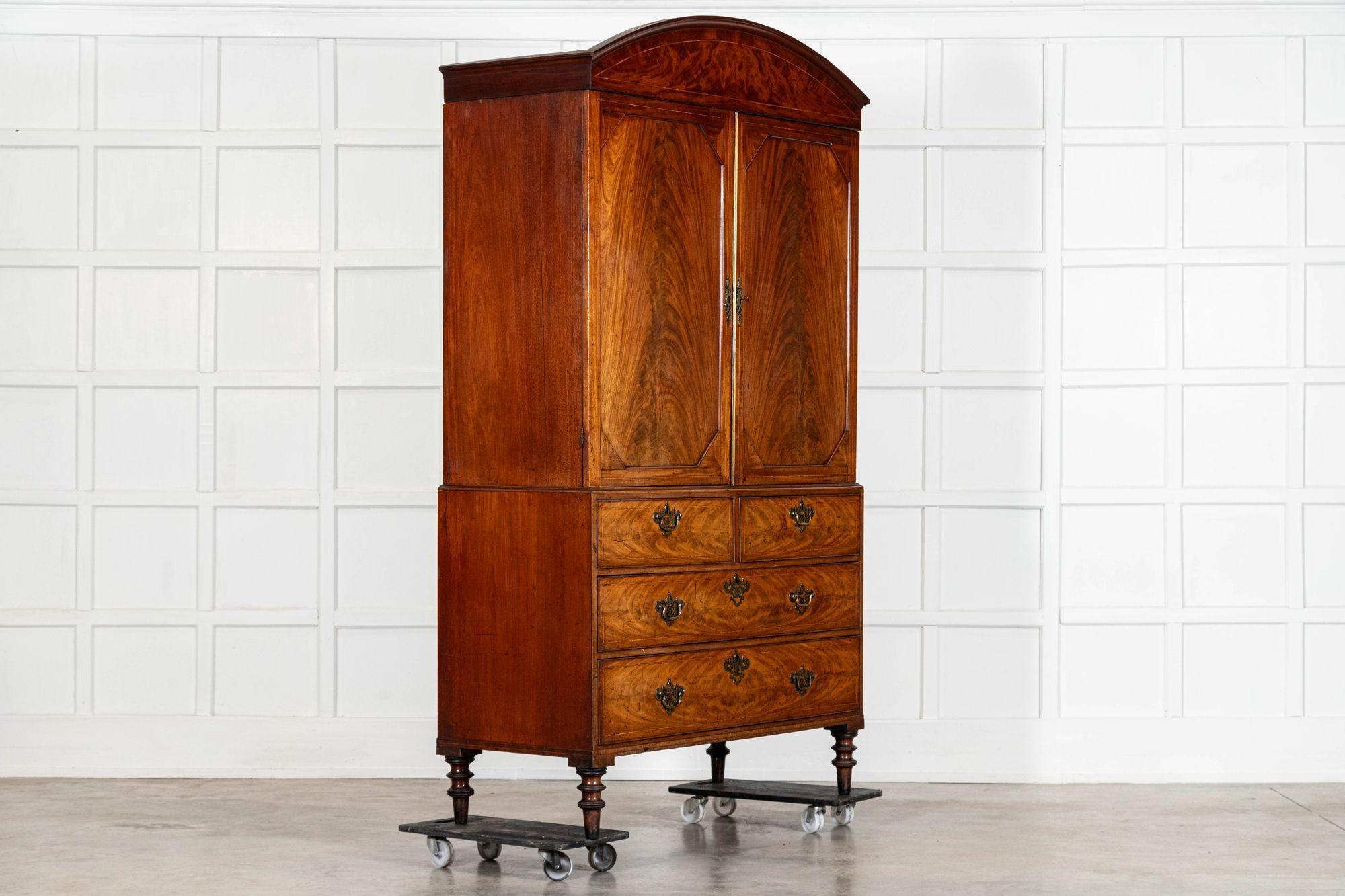 Georgian English Arched Mahogany Inlaid Linen Press In Good Condition For Sale In Staffordshire, GB