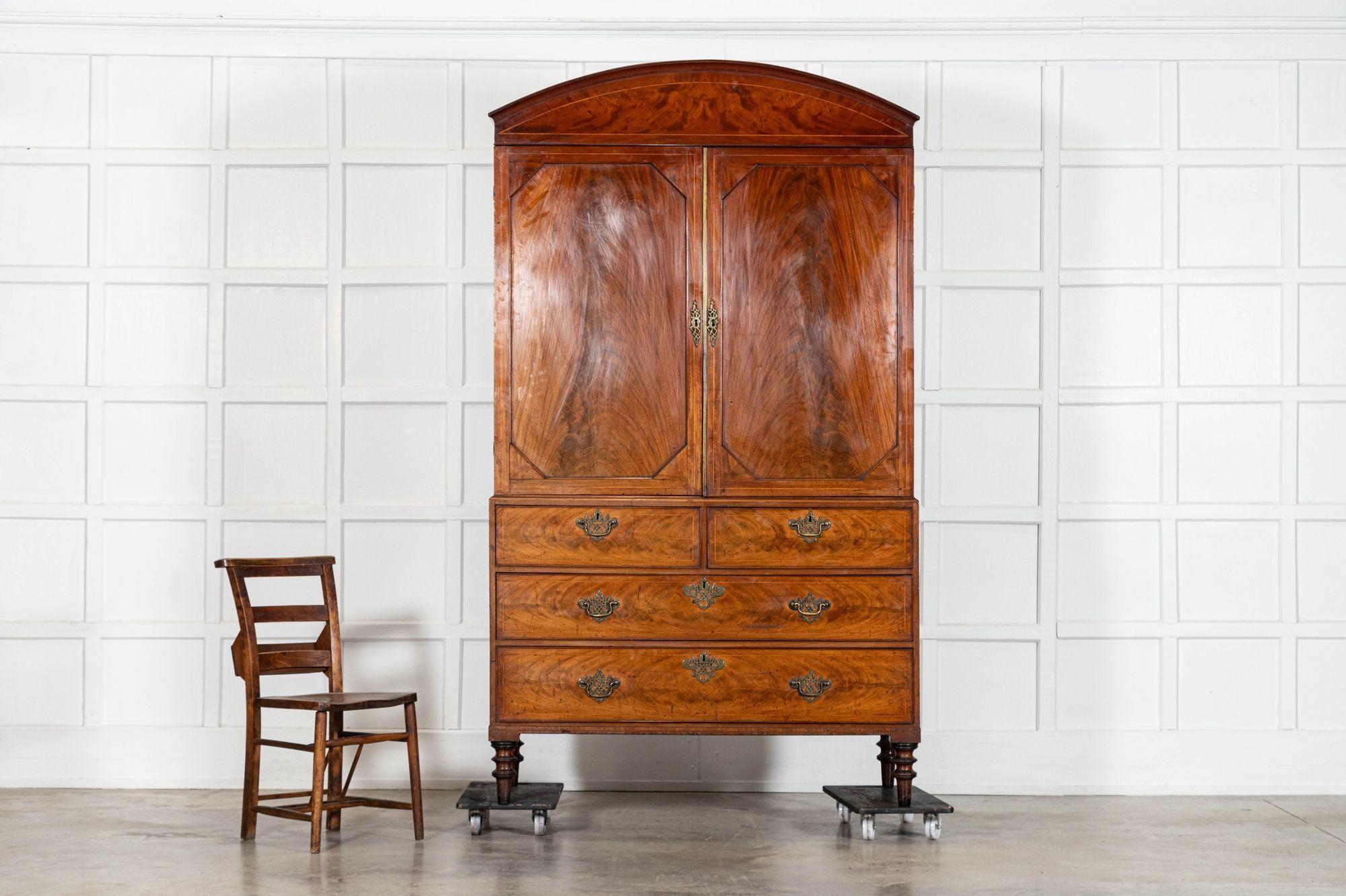 19th Century Georgian English Arched Mahogany Inlaid Linen Press For Sale