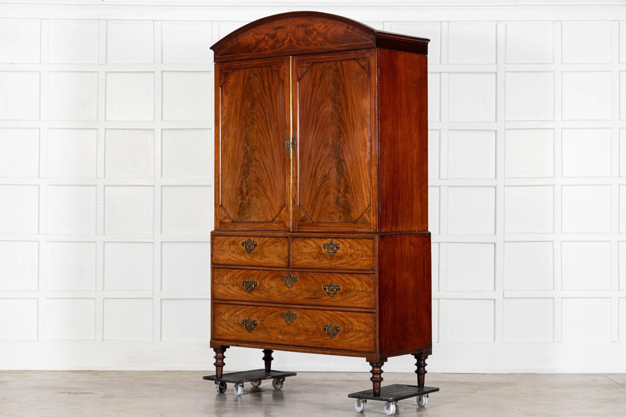 Georgian English Arched Mahogany Inlaid Linen Press For Sale 1