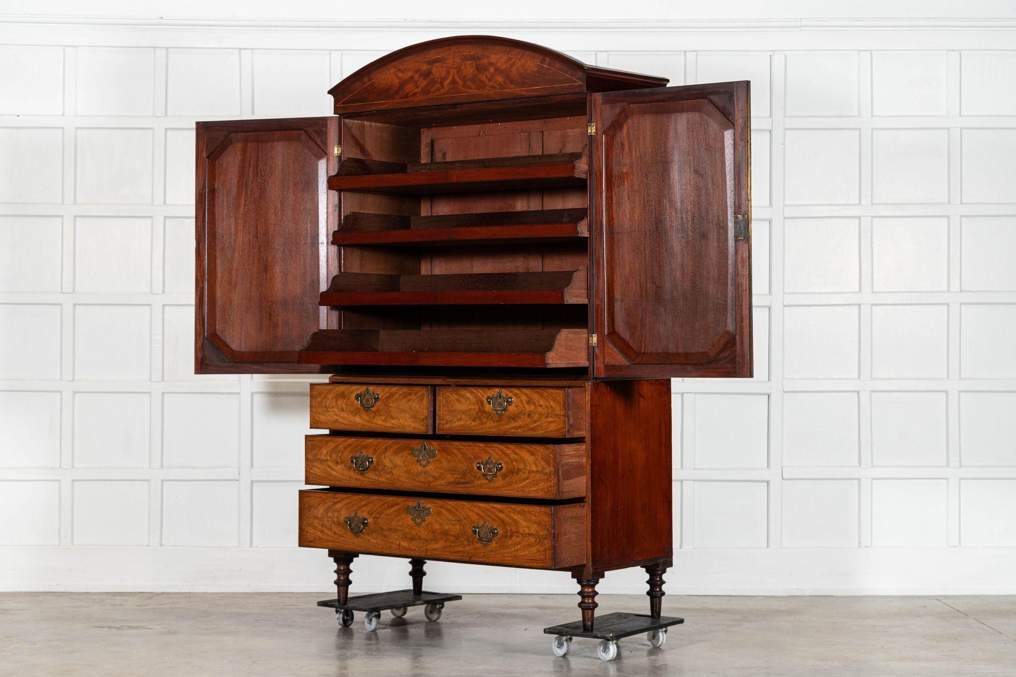 Georgian English Arched Mahogany Inlaid Linen Press For Sale 2