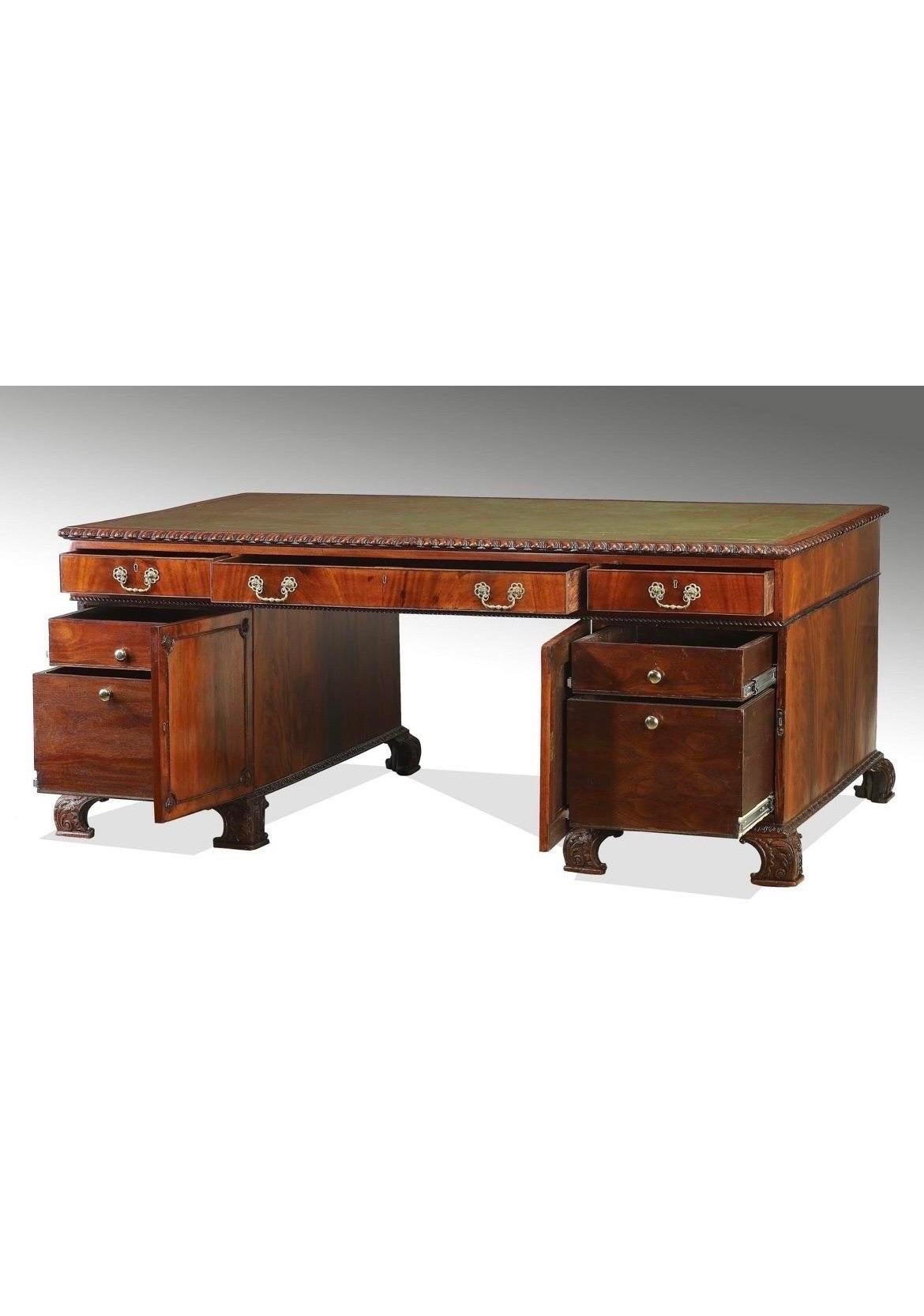 19th Century Georgian English Chinese Chippendale Mahogany Carved Leather Top Partners Desk For Sale