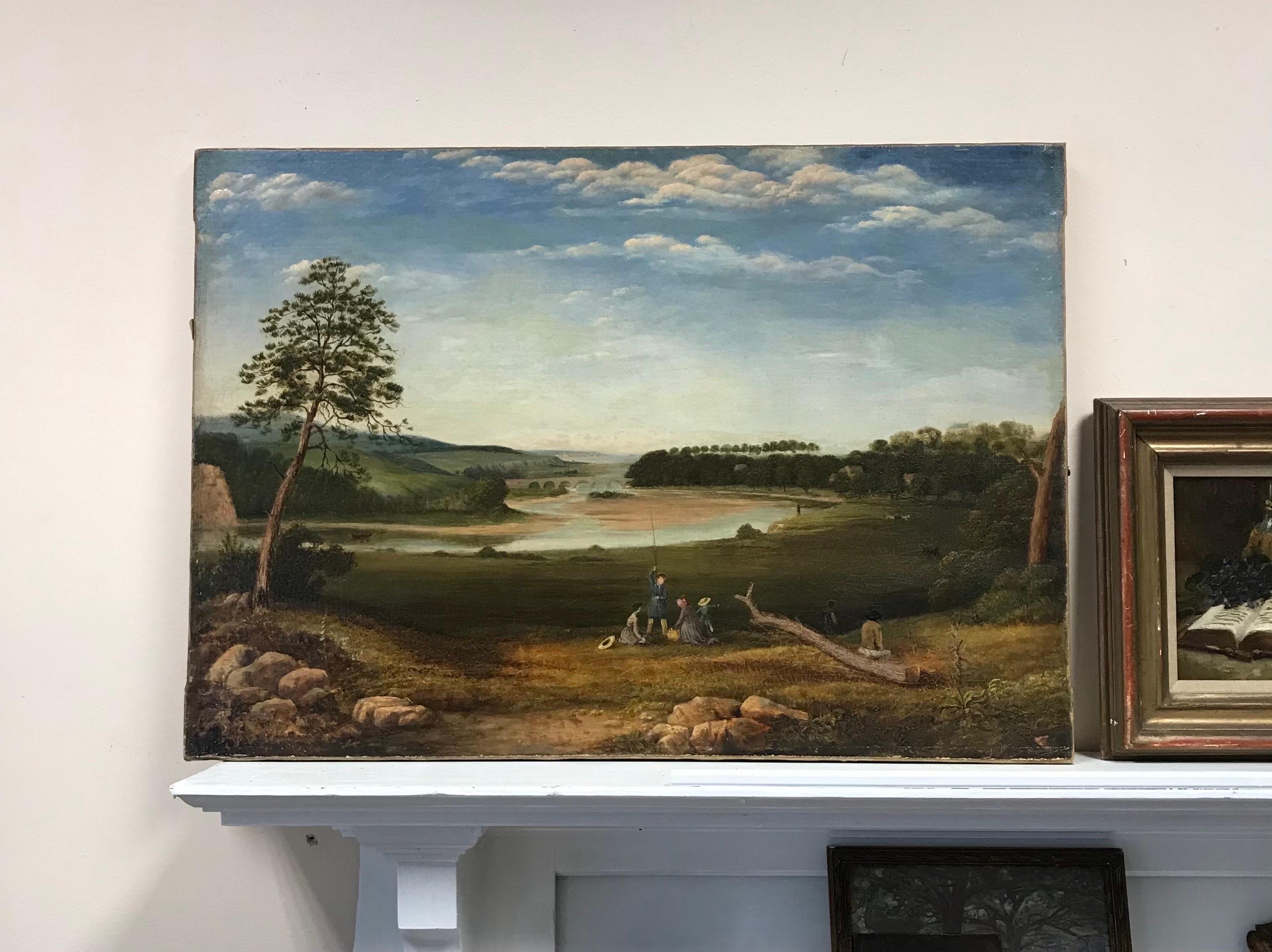 Fine 1820's Large English Panoramic River Landscape Oil, Children Picnic/Fishing - Painting by Georgian English