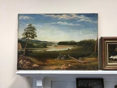 Fine 1820's Large English Panoramic River Landscape Oil, Children Picnic/Fishing