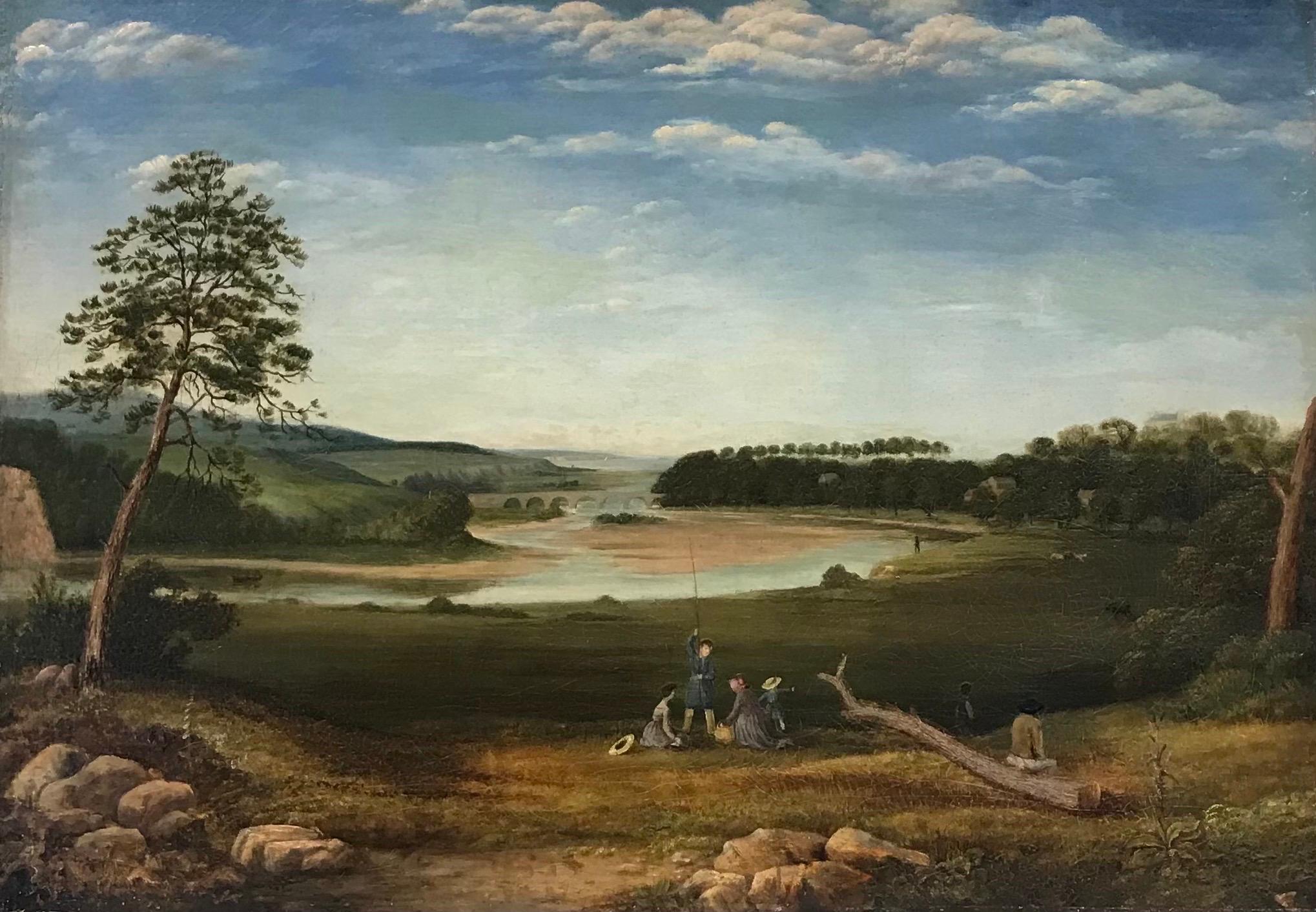 Georgian English Landscape Painting - Fine 1820's Large English Panoramic River Landscape Oil, Children Picnic/Fishing