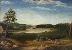 Fine 1820's Large English Panoramic River Landscape Oil, Children Picnic/Fishing