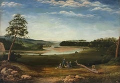 Fine 1820
s Large English Panoramic River Landscape Oil, Children Picnic/Fishing