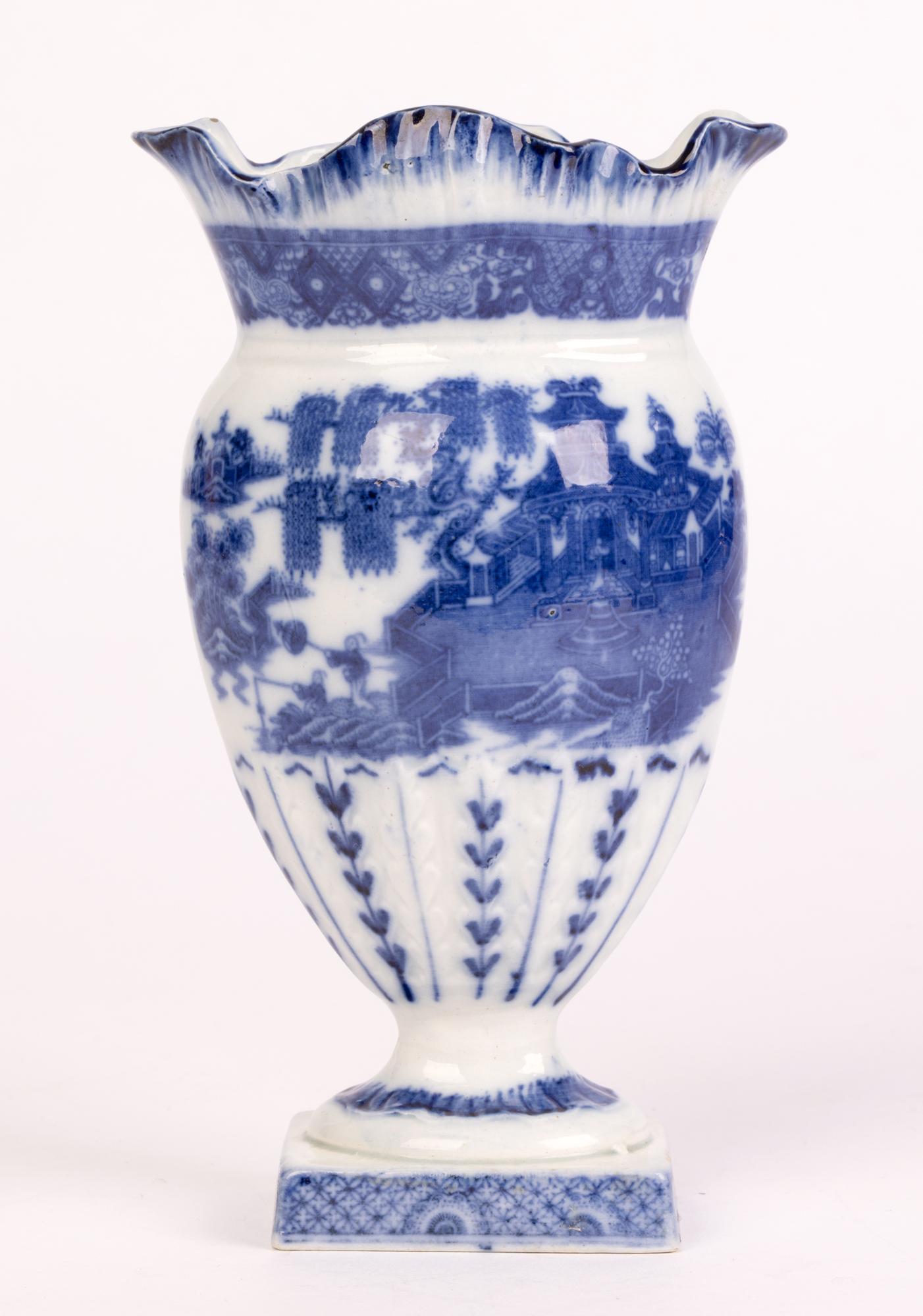 Glazed Georgian English Pearlware Chinese Landscape Blue & White Ceramic Vase