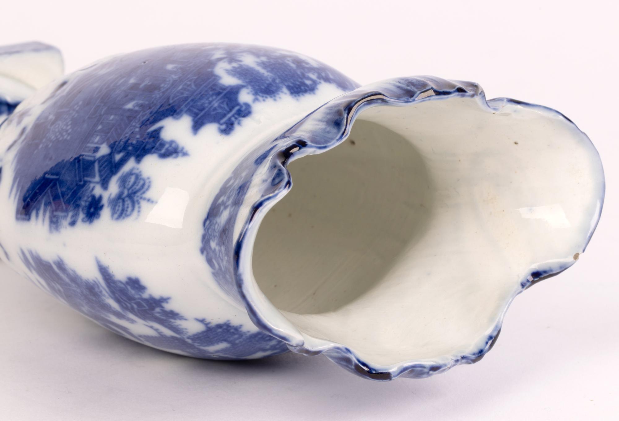 Georgian English Pearlware Chinese Landscape Blue & White Ceramic Vase 1