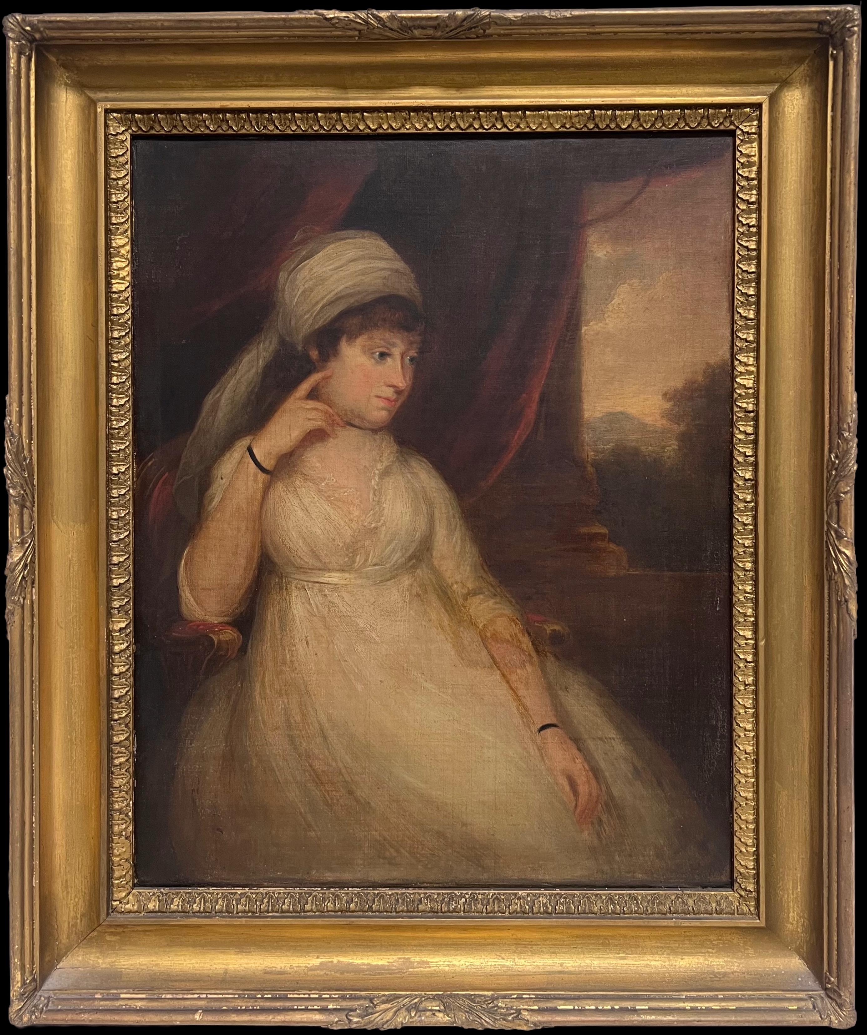 Beau portrait géorgien anglais du XVIIIe siècle d'une dame assise dans un parc