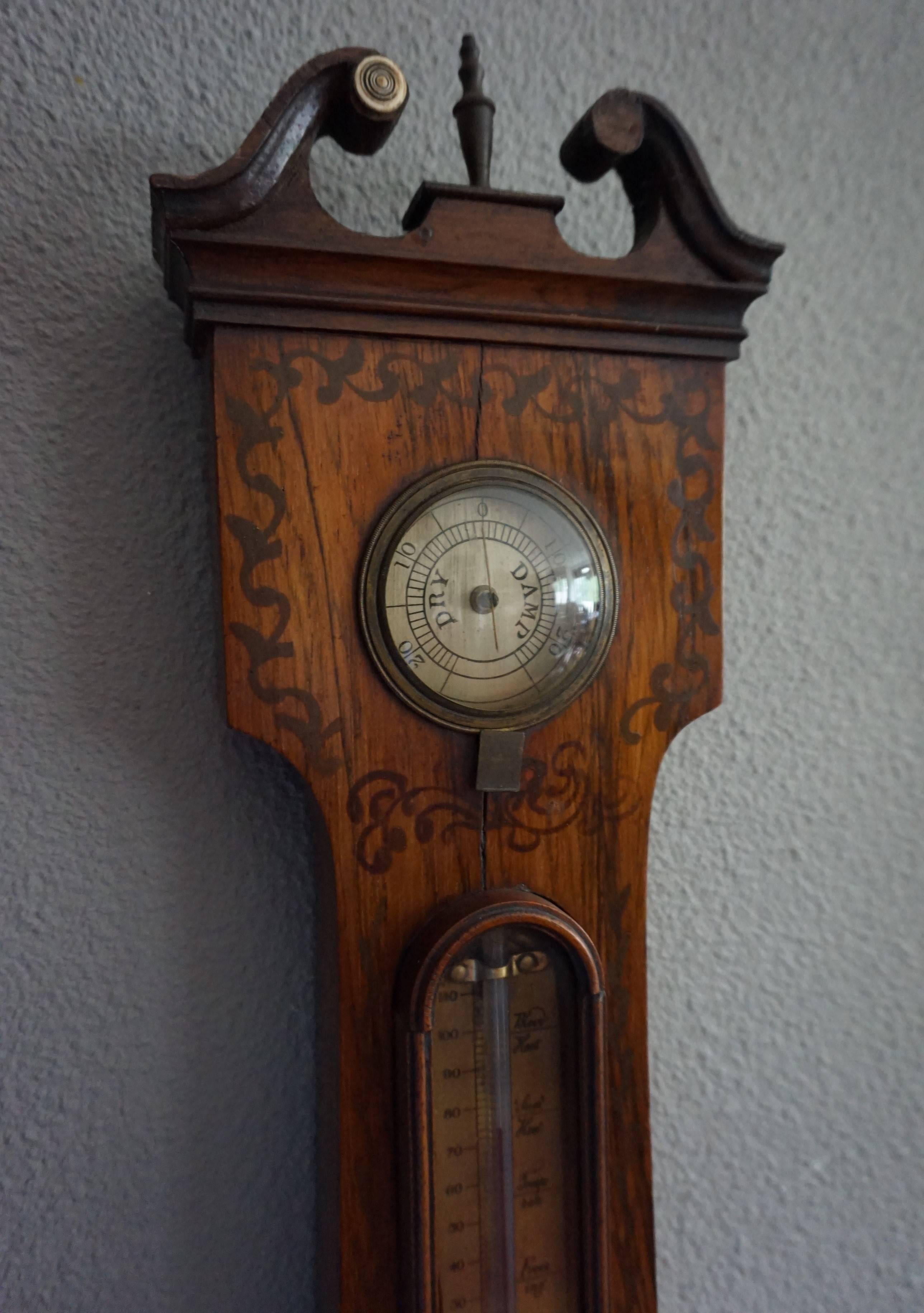 Brass Georgian English Rosewood Wheel Barometer and Thermometer, circa 1800