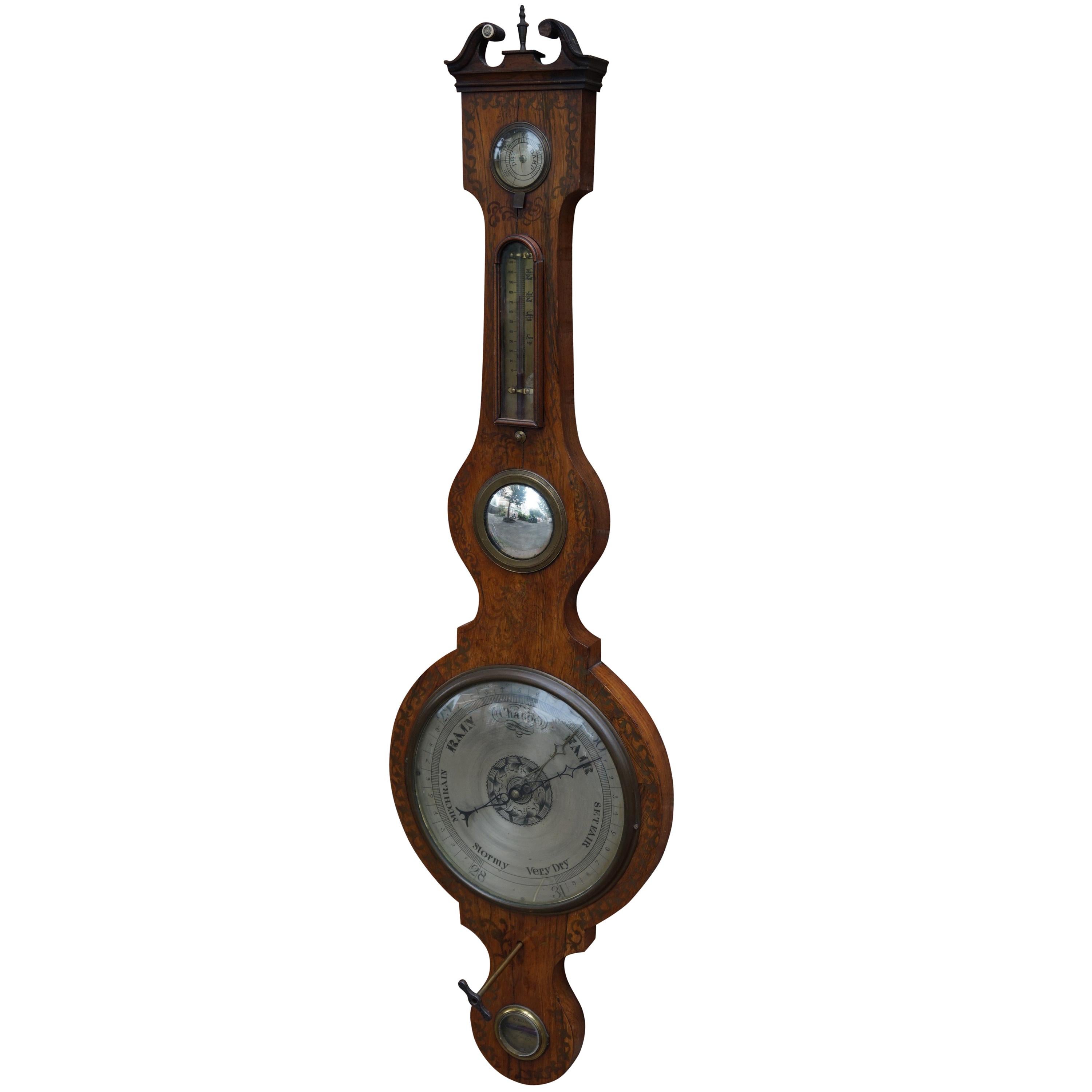 Georgian English Rosewood Wheel Barometer and Thermometer, circa 1800