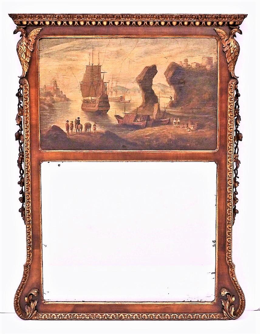 Georgian English Walnut Giltwood Trumeau Mirror with Seascape Oil 5