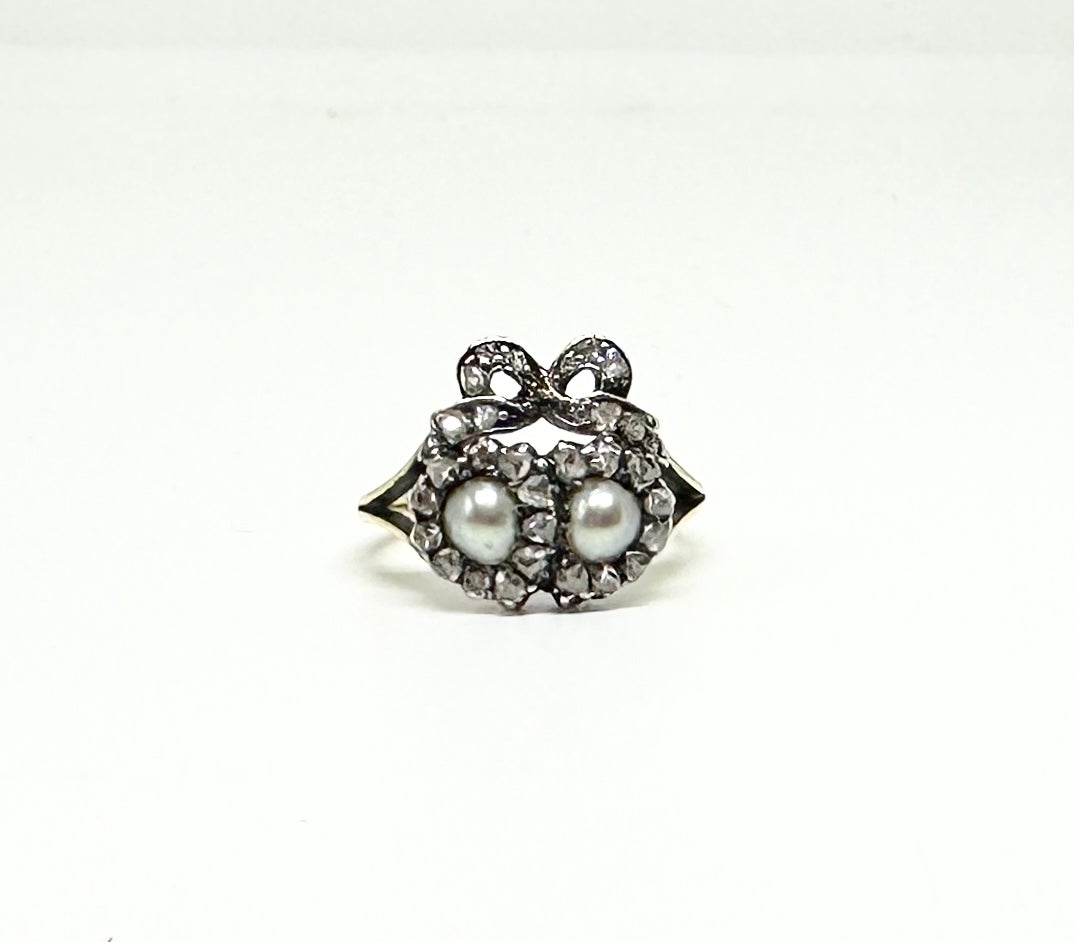 Women's Georgian Entwined Heart Ring Rose Cut Diamond Pearl Antique Engagement Ring 1820 For Sale