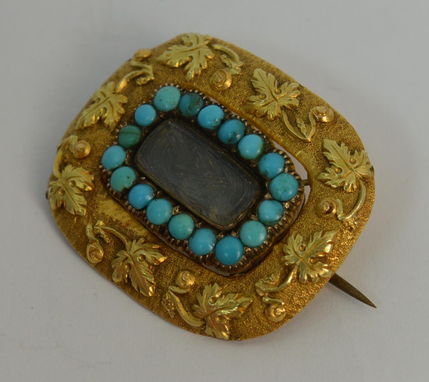 George III Georgian Era 18 Carat Gold Turquoise and Hair Mourning Brooch For Sale