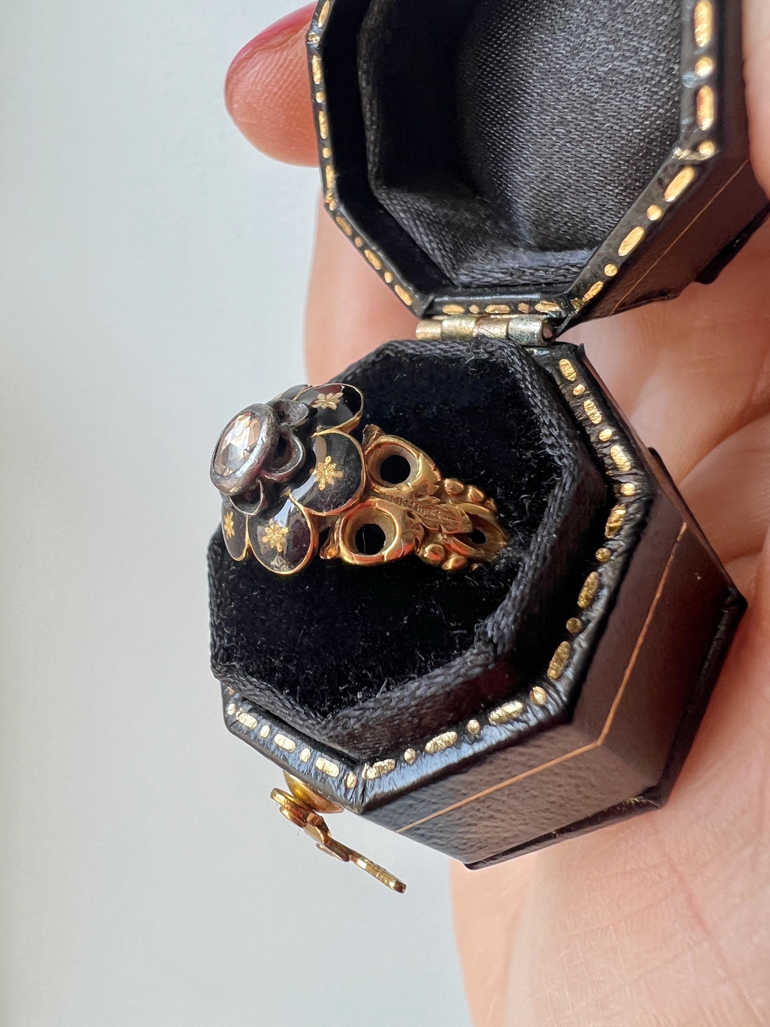 Georgian era 18K gold black enamel diamond flower ring 1