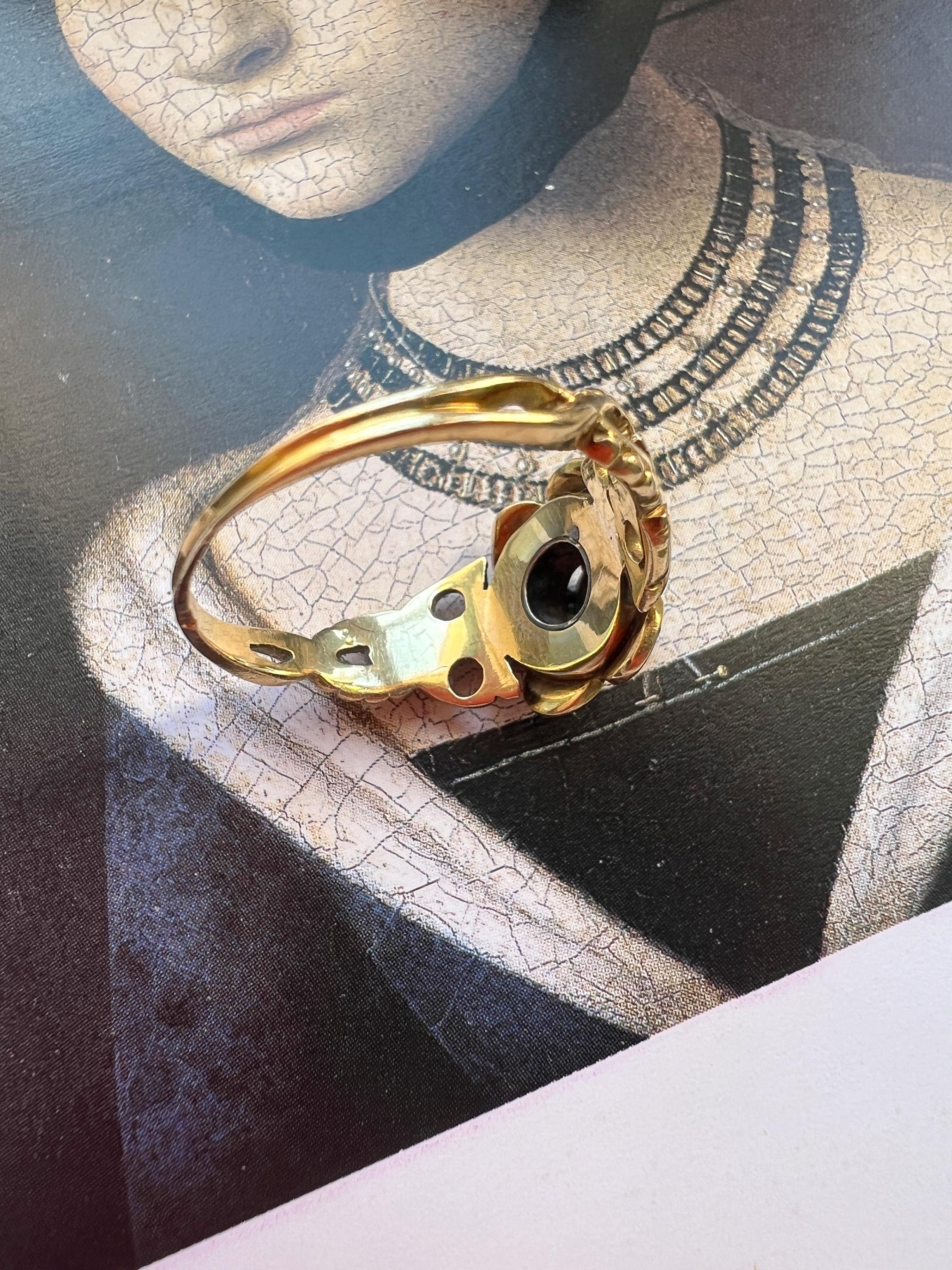 Georgian era 18K gold black enamel diamond flower ring 2
