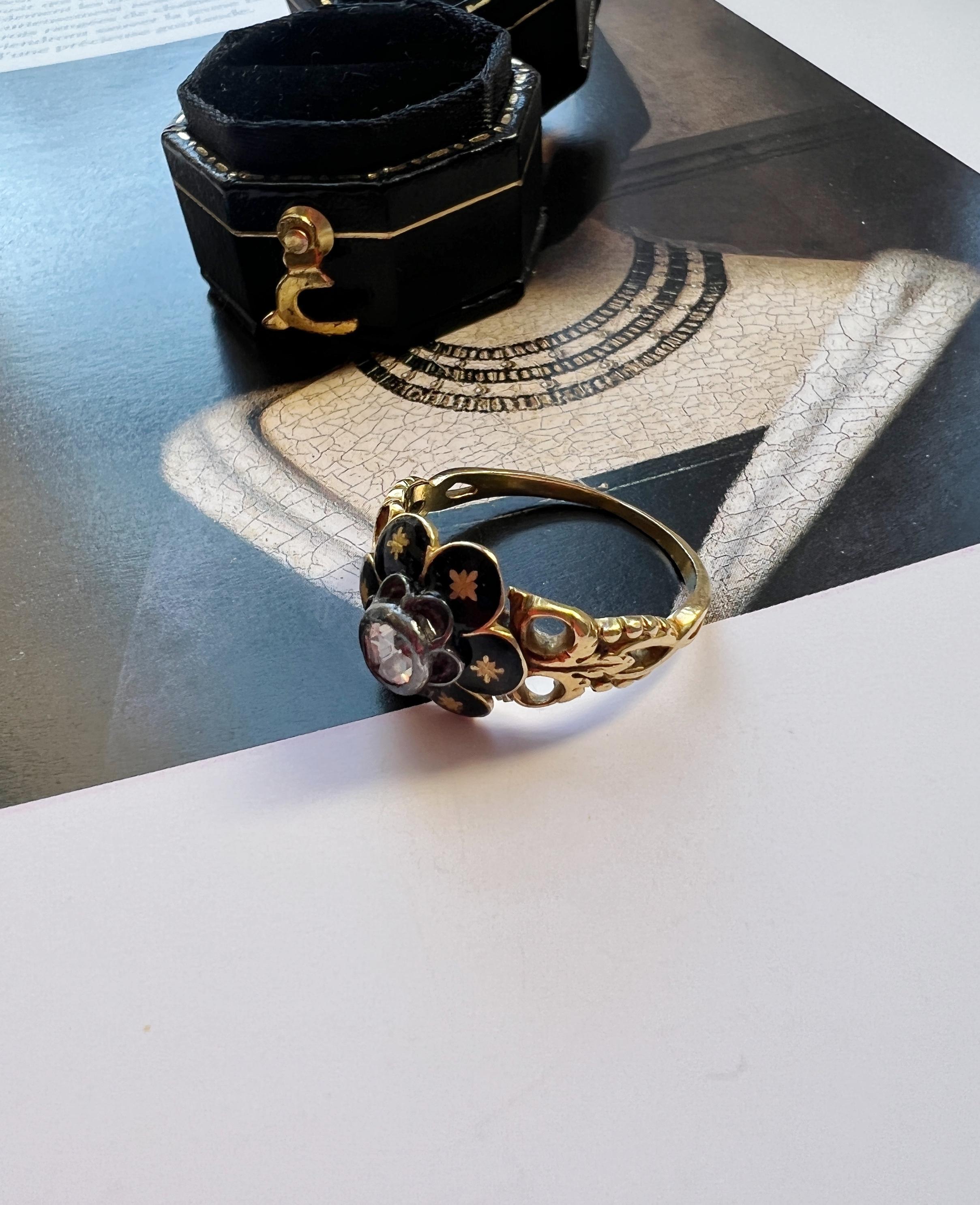 Georgian era 18K gold black enamel diamond flower ring 3