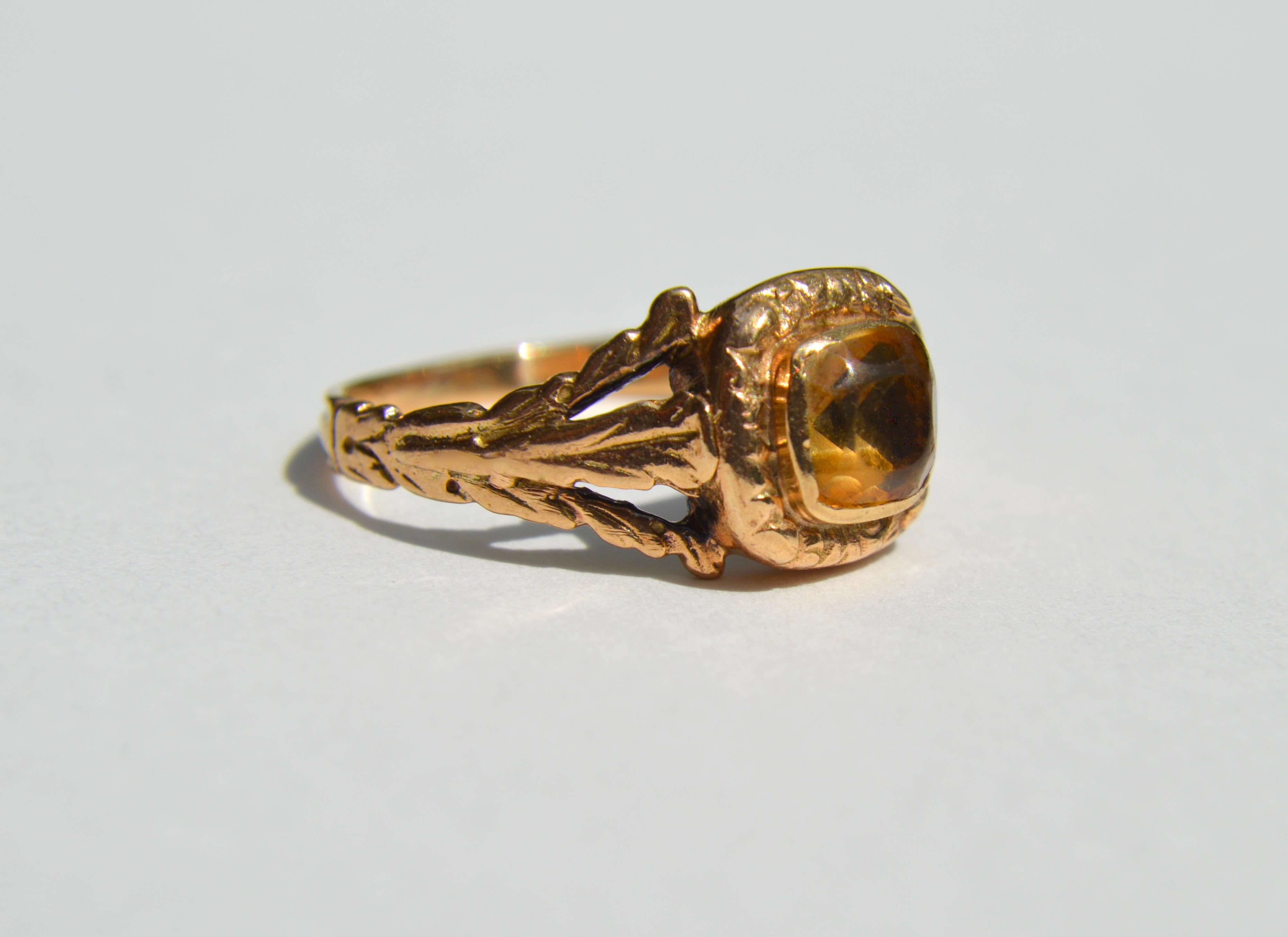 Beautiful antique Georgian era English origin circa early 1700s 9K rose gold ring featuring a 1.24 carat foil backed square cut natural citrine. In good condition, the citrine has a bit of wear as seen in the photos. Ring is unmarked but tested as