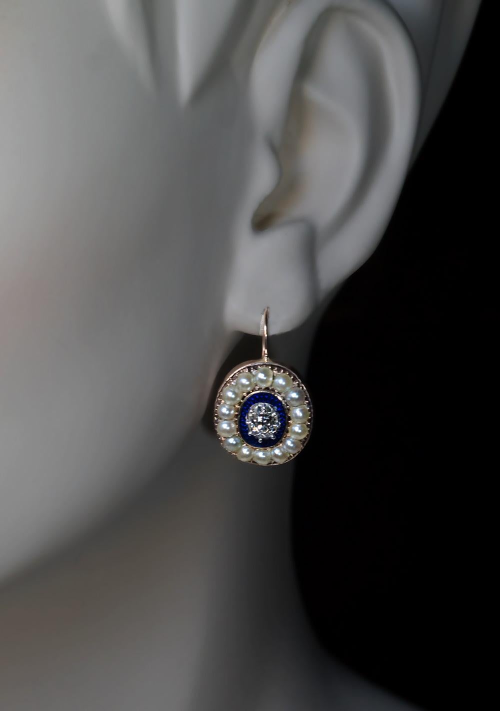 Georgian Era Antique Diamond Enamel Pearl Gold Earrings In Excellent Condition In Chicago, IL