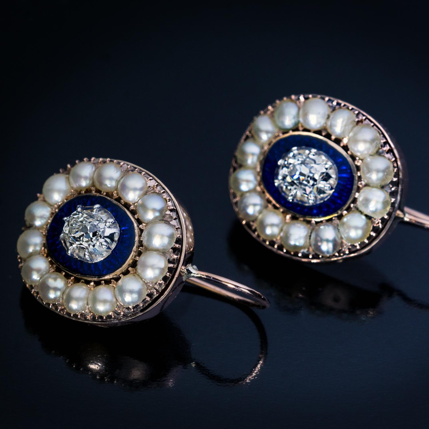 Women's or Men's Georgian Era Antique Diamond Enamel Pearl Gold Earrings