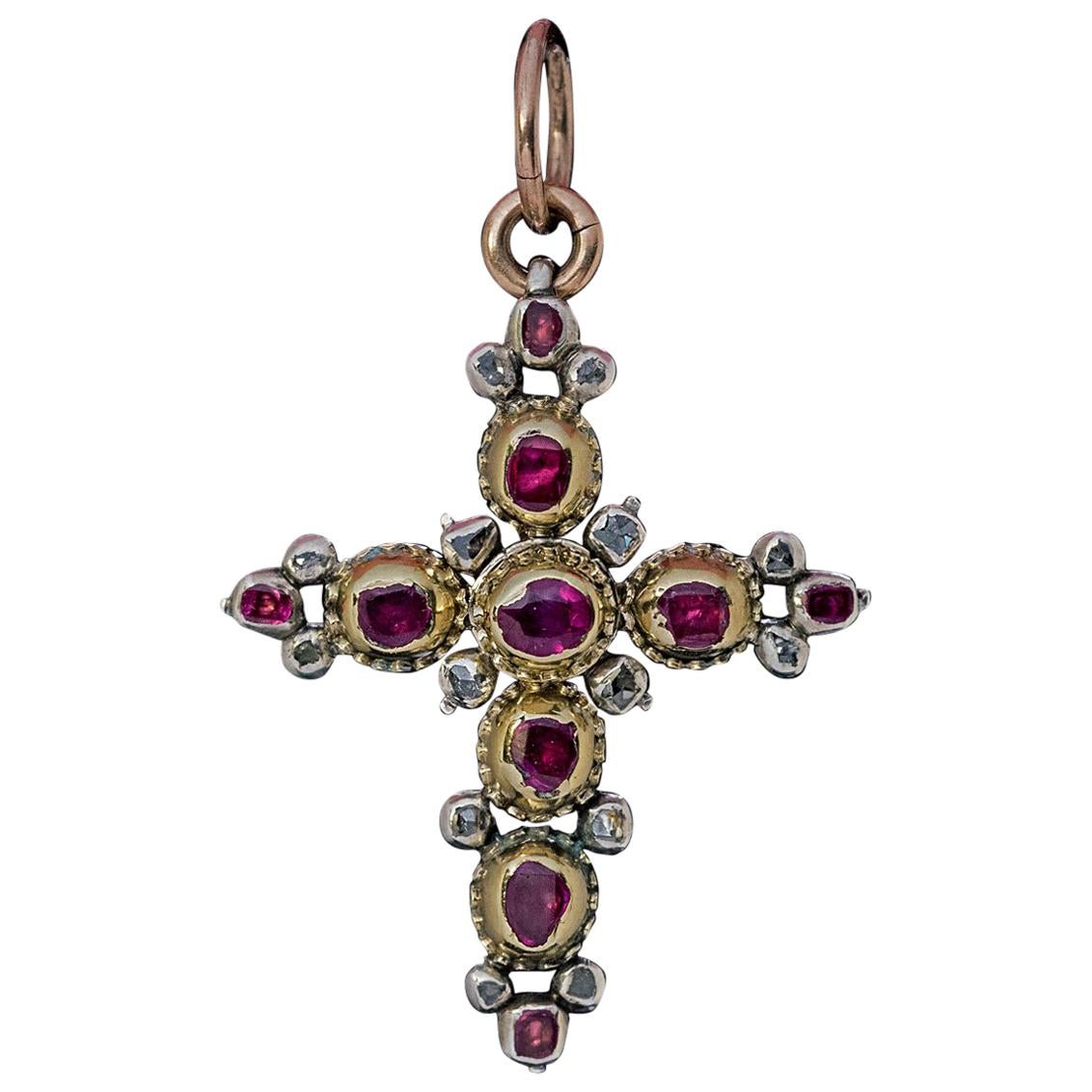 Georgian Era Antique Ruby Diamond Cross Pendant, 1700s