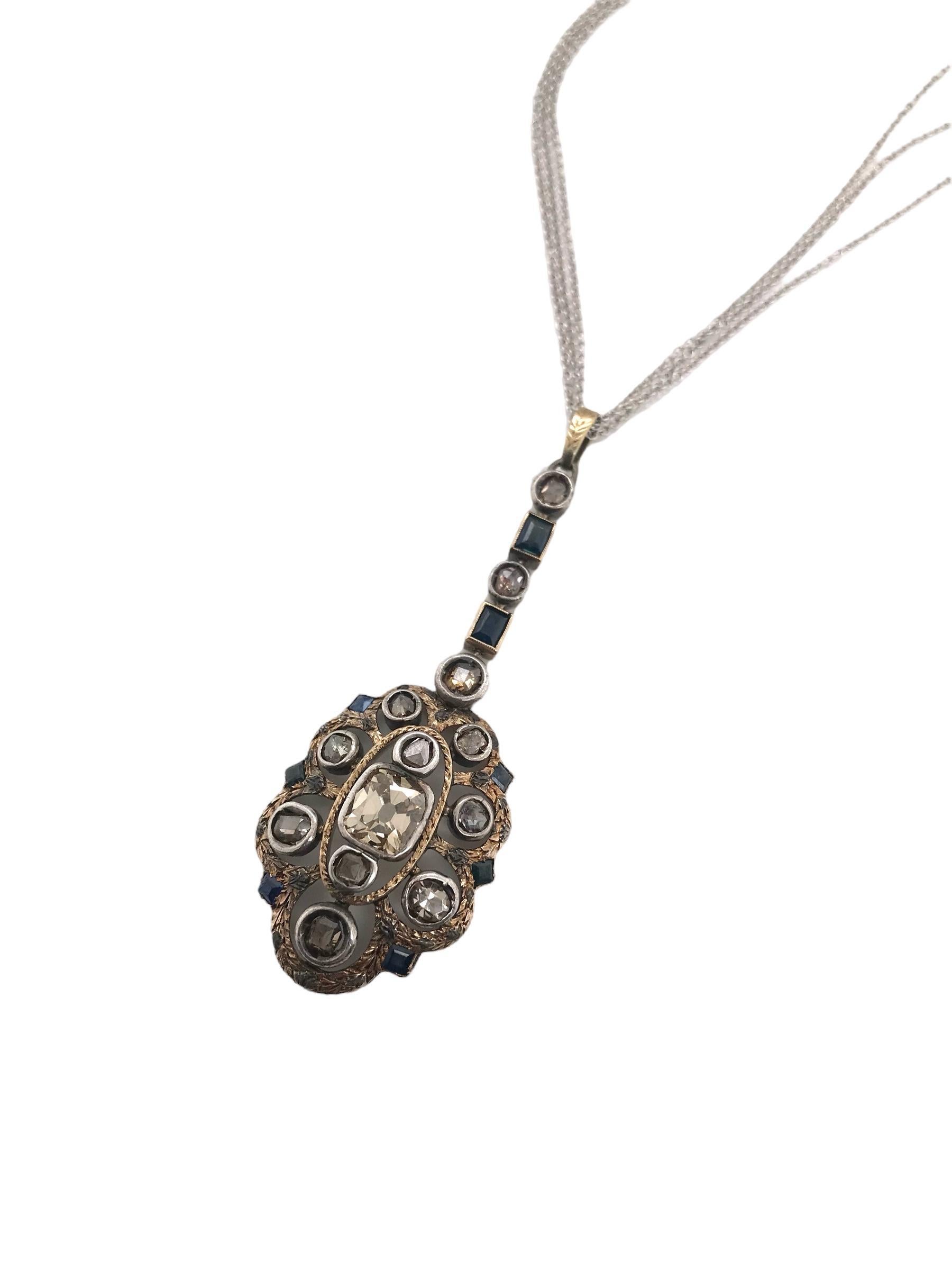 Women's Georgian Era Old Mine Cut Brown Diamond & Sapphire Necklace For Sale