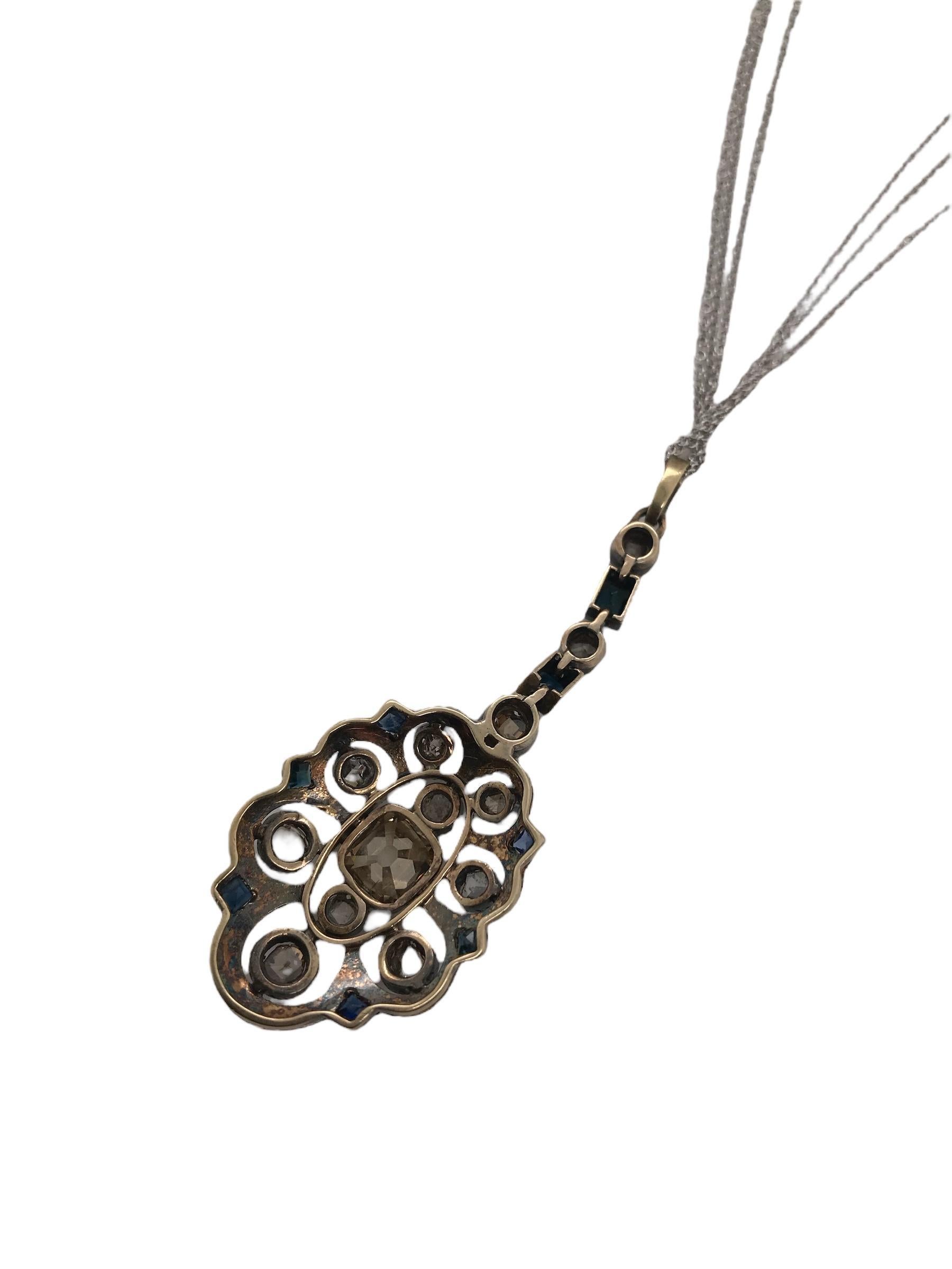 Georgian Era Old Mine Cut Brown Diamond & Sapphire Necklace For Sale 1