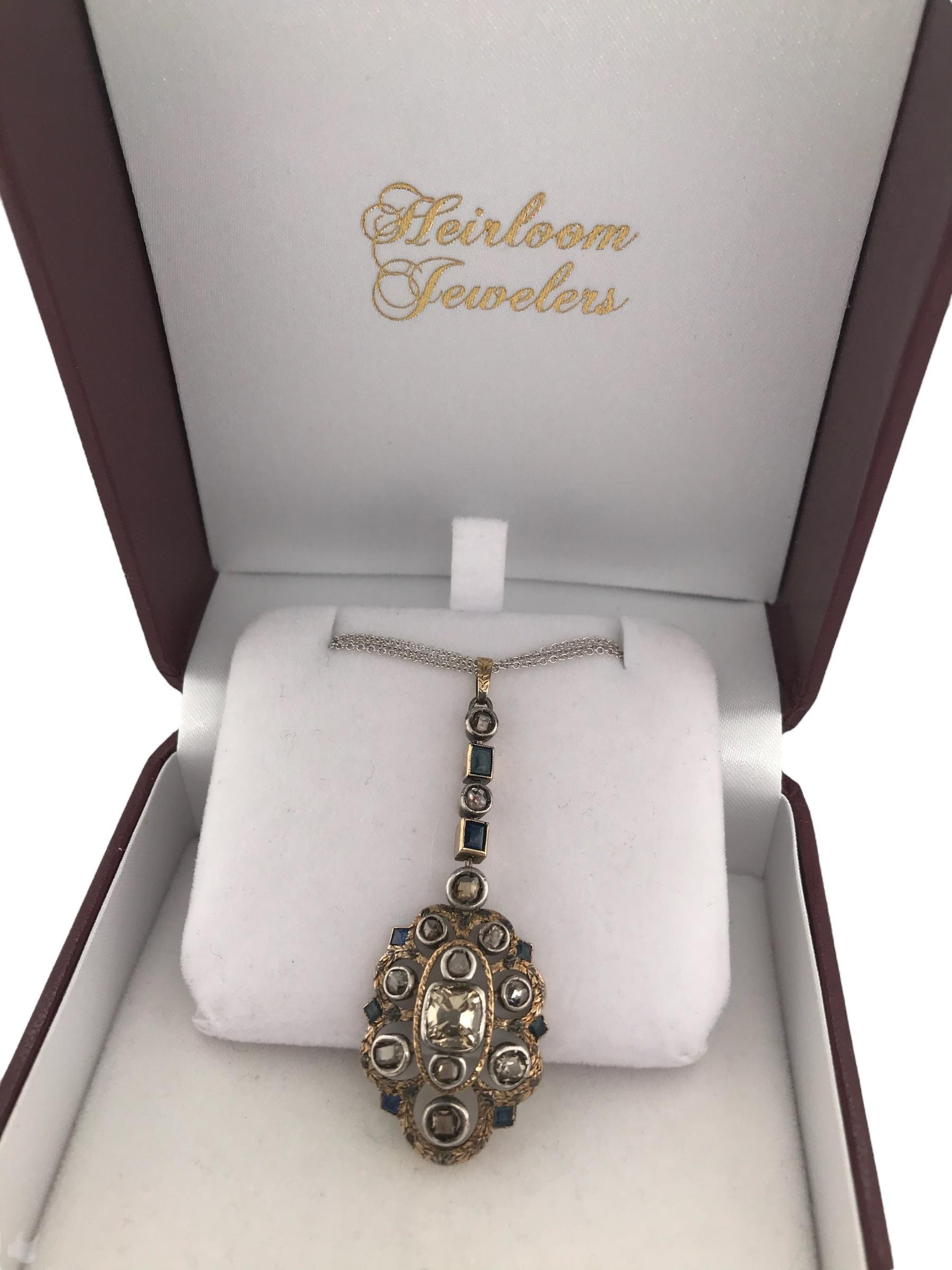 Georgian Era Old Mine Cut Brown Diamond & Sapphire Necklace For Sale 2
