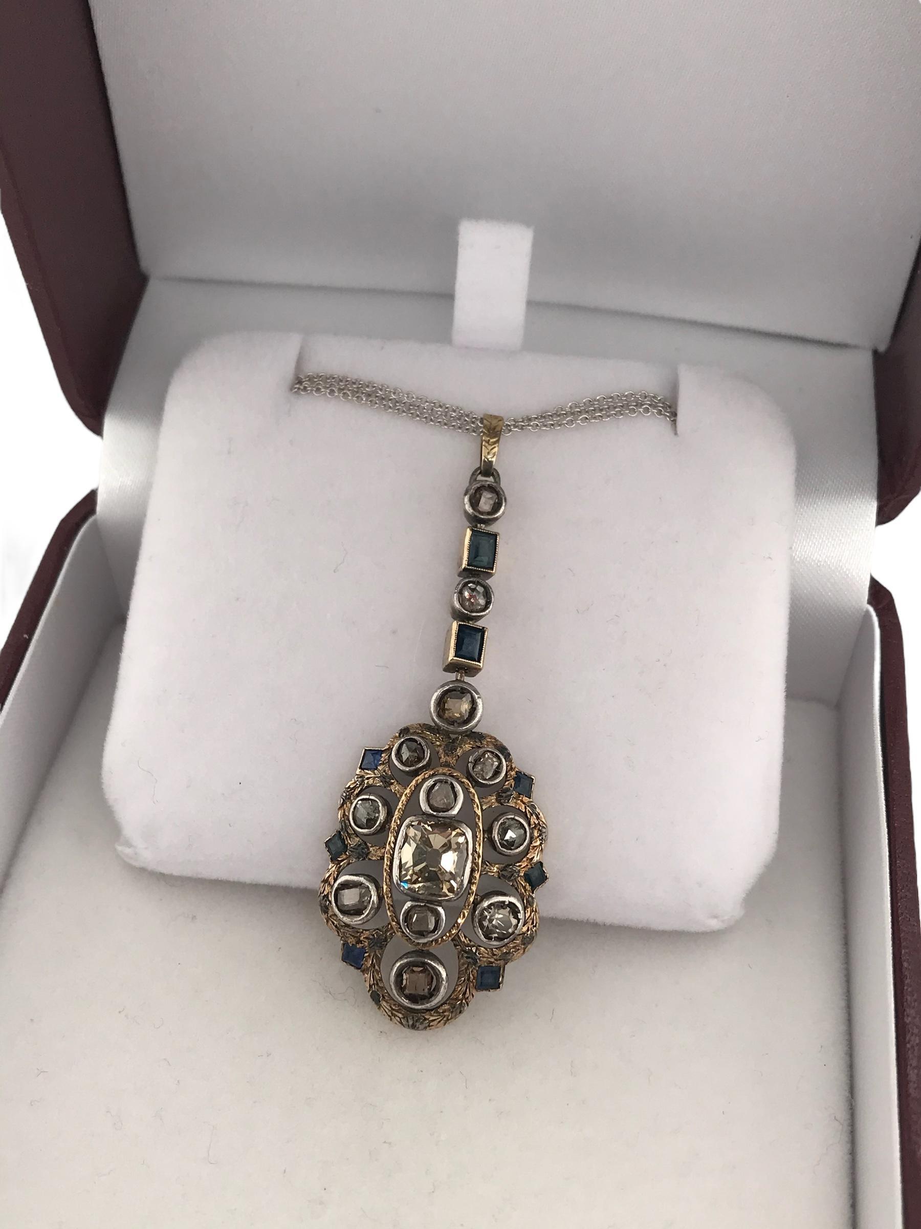 Georgian Era Old Mine Cut Brown Diamond & Sapphire Necklace For Sale 3