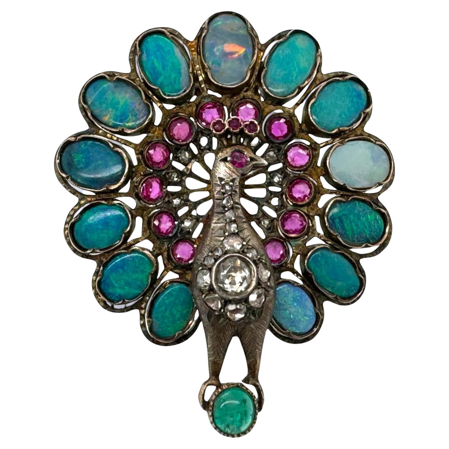 Georgian Era Peacock Brooch Opal Ruby Emerald Diamond & Sapphire