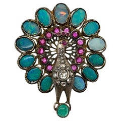 Georgian Era Peacock Brooch Opal Ruby Emerald Diamond & Sapphire