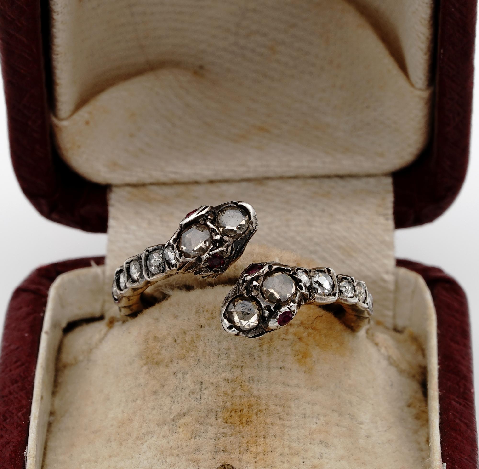 Georgian Symbolic Snakes

Rare Georgian Era Double Snake head Diamond eternity ring
Beautiful find dated from the end of 18th century – reptile shaped with two snake heads meeting at the centre point
Set throughout with rose cut Diamonds for a total