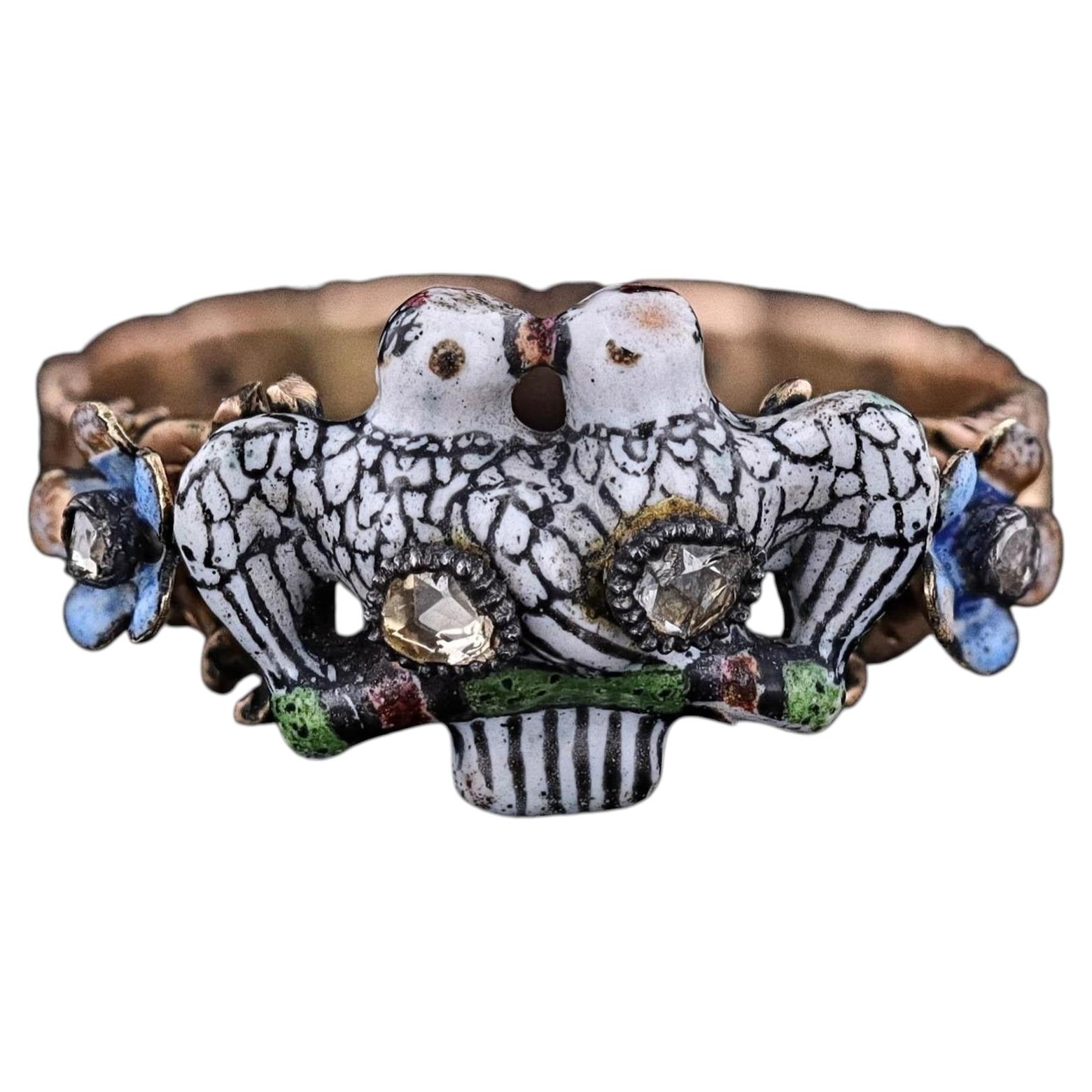 Georgian Era Renaissance Revival Enamel Lovebirds Ring, Circa 1780, Rare