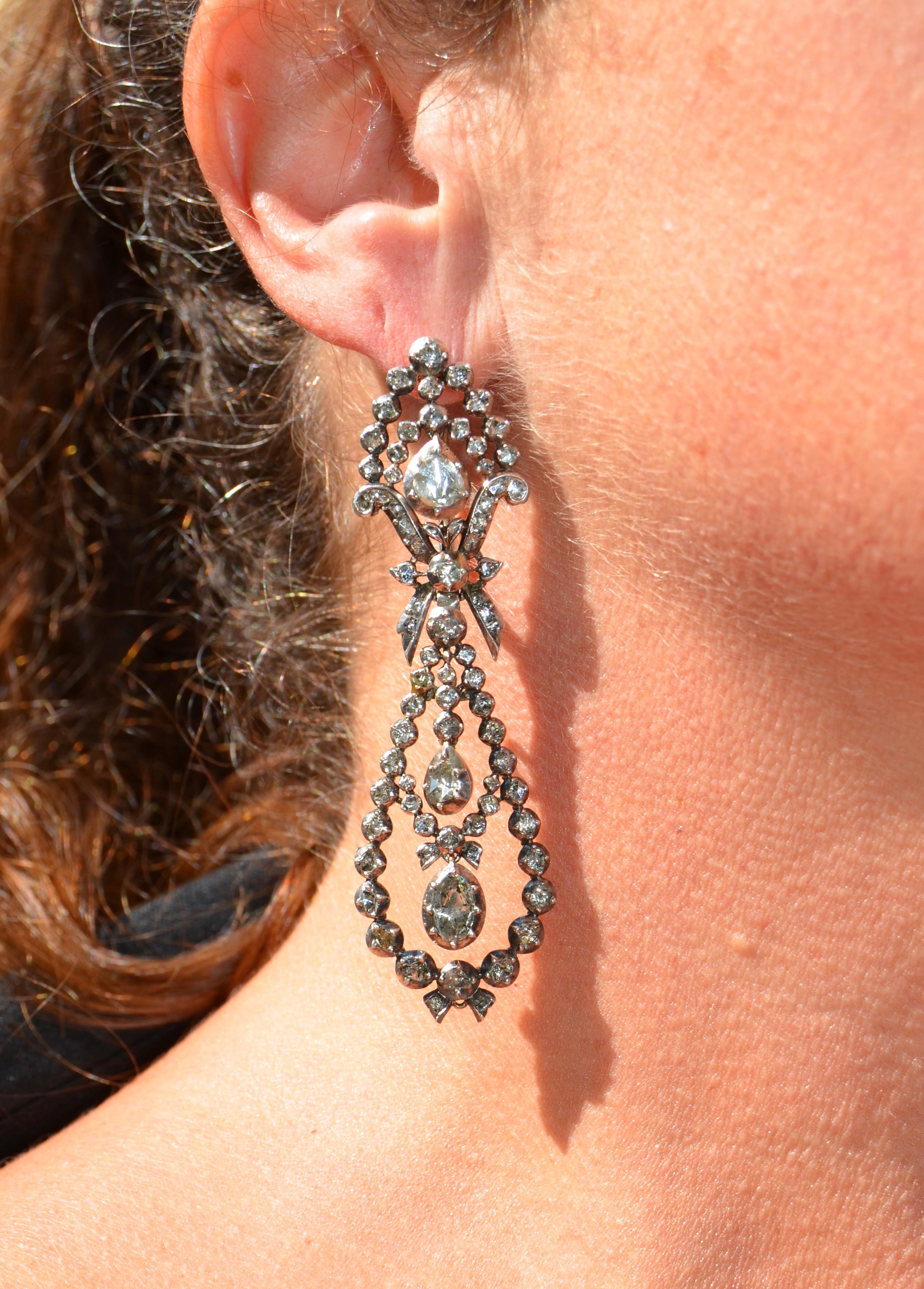 Georgian Era Rose Cut Diamond Pendant Earrings in Silver & 14k For Sale 6