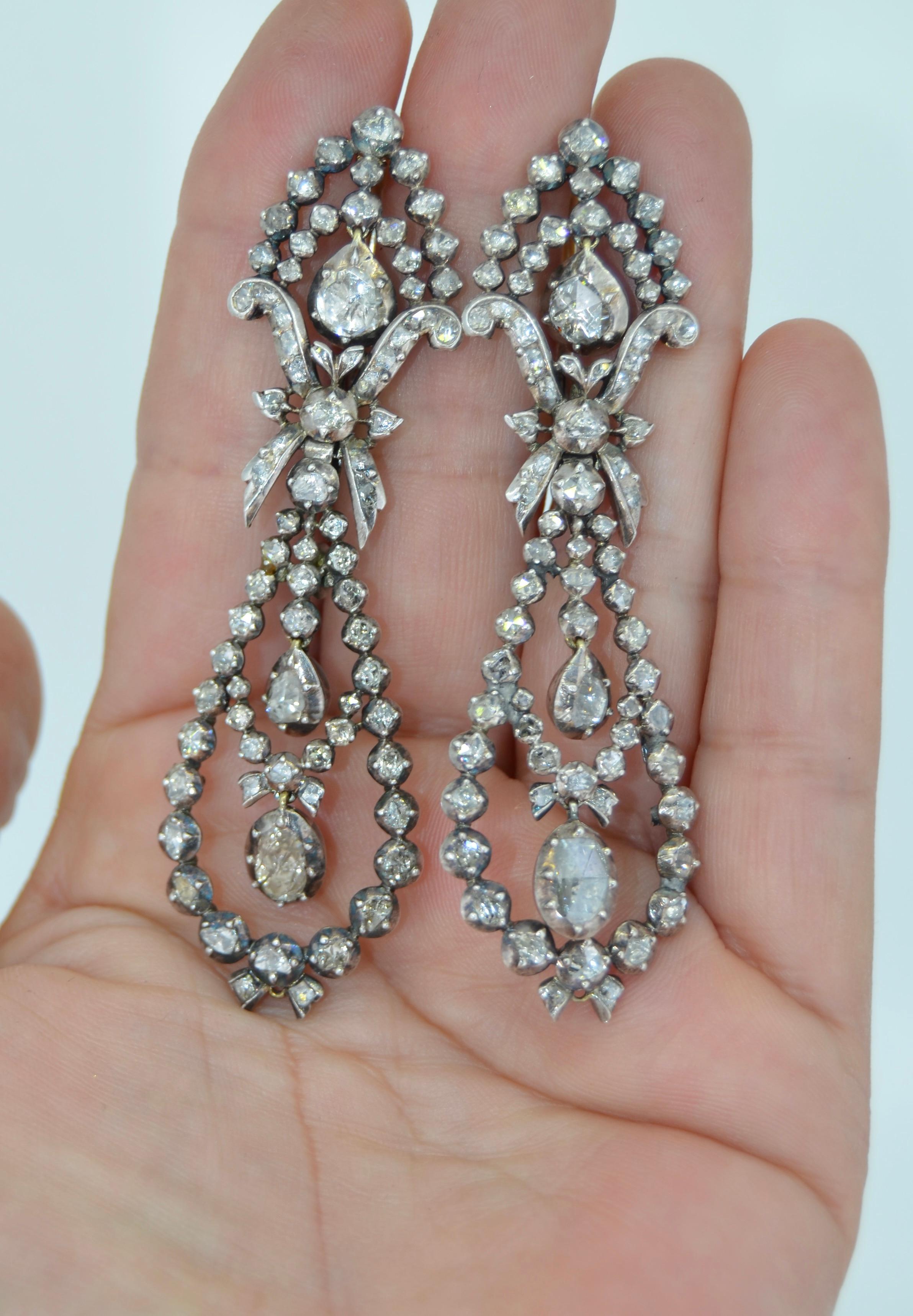 Georgian Era Rose Cut Diamond Pendant Earrings in Silver & 14k In Good Condition For Sale In Saratoga, CA